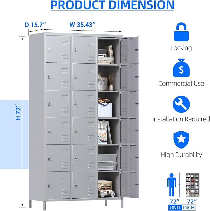 METAN Metal Locker for School Office Gym Bedroom, 18 Doors Steel Storage Locker - Image 3