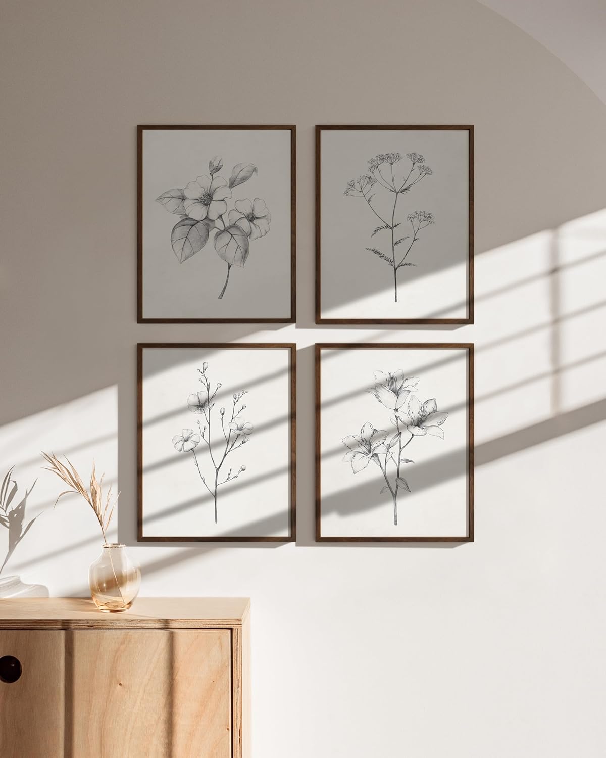 HAUS AND HUES Grey Floral Wall Art - Set of 4 Plant Posters for Wall Vintage, Botanical Prints, Black and White Flower Pictures for Room Aesthetic, Farmhouse Bathroom, Rustic Art (Walnut Frame, 8x10)