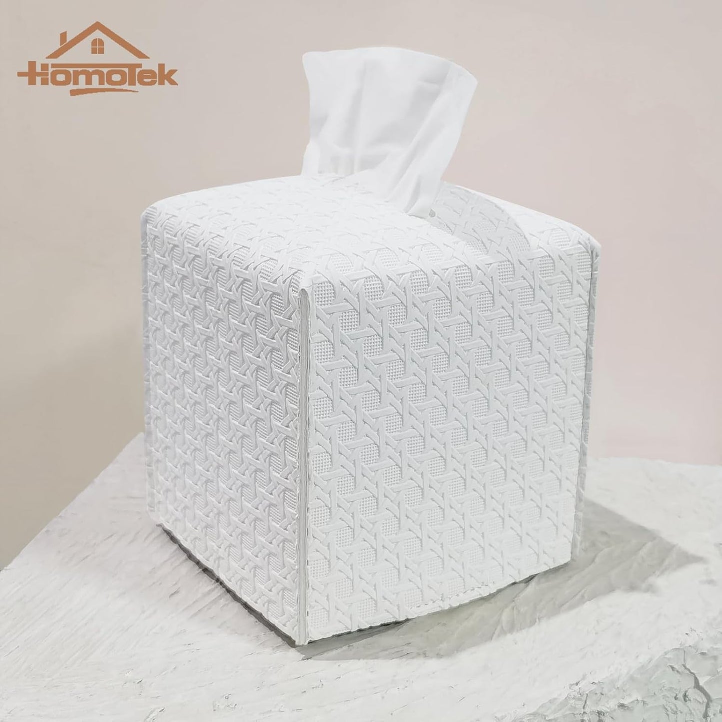 HOMOTEK 2 Pack Tissue Box Cover,PU Leather Tissue Holder,Square Decorative Facial Tissue Cube Paper Organizer Dispenser for Bathroom, Night Stands, Desk, Car 5X5X5'' - Rattan Weave, Pure White
