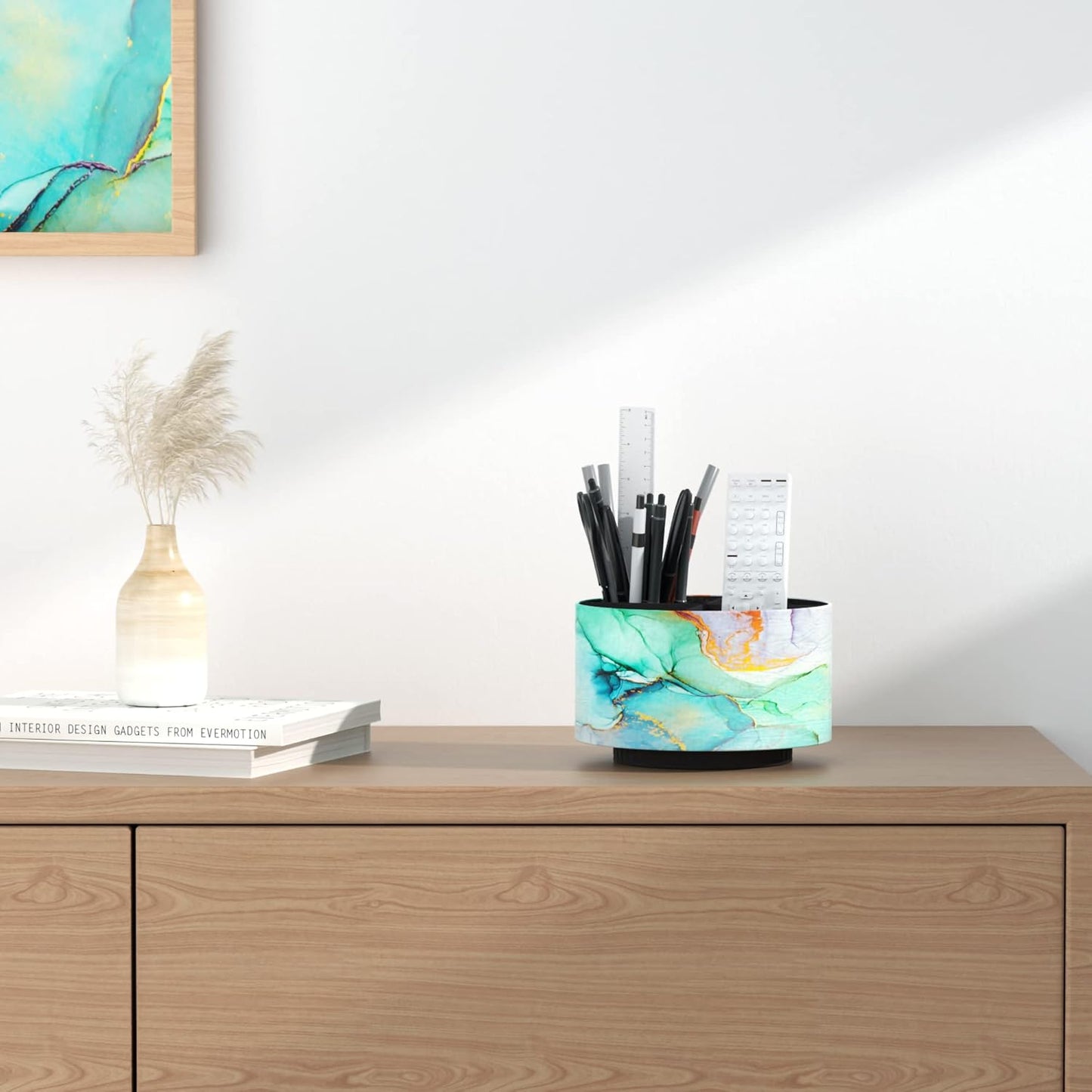 Hennaja Round Leather Art Supply Organizer,Remote Control Holder,360 Degree Rotating,Multi-Functional Pencil Holder,4 Compartments Desktop Stationary Organizer(1-Splash Ink)