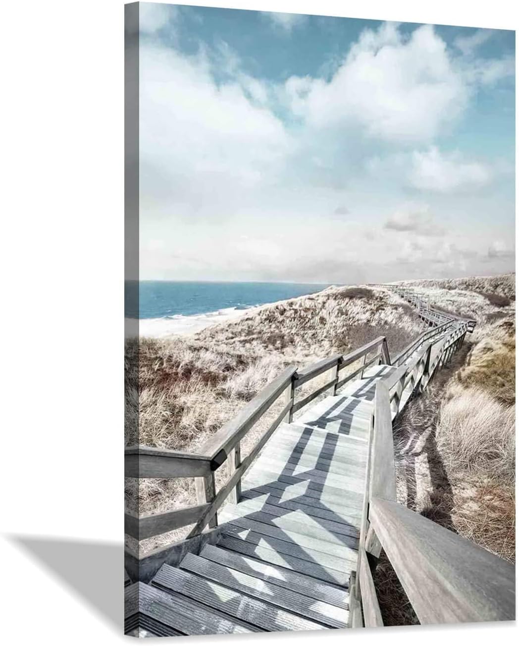 Hardy Gallery Coastal Wall Decor Seaside Picture: Beach Wooden Path Wall Art Boardwalk Stair Graphic Art on Wrapped Canvas Artwork for Living Room 45"x30"