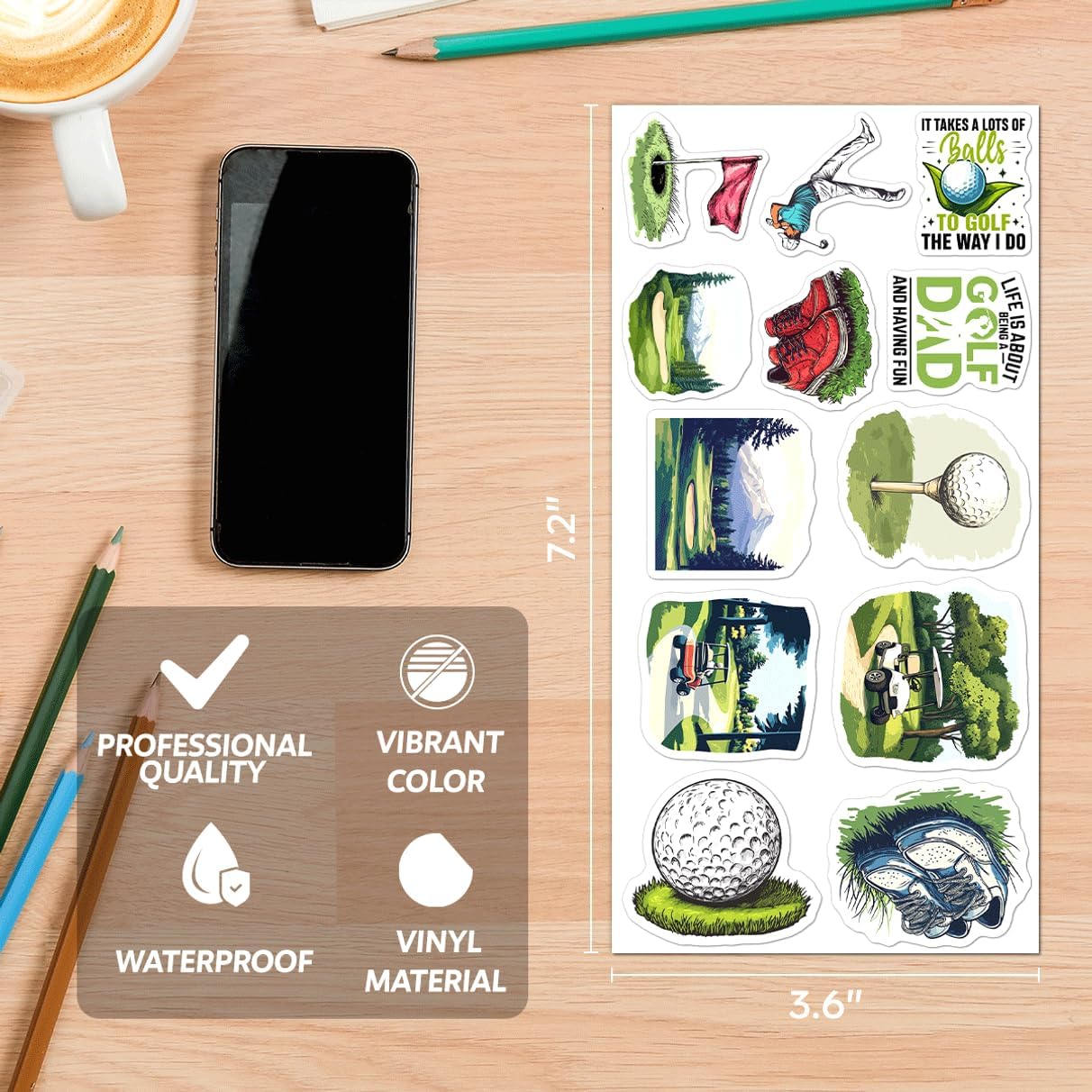 108Pcs Golf Themed Stickers Pack for Men Women Teens Lovers Vinyl Decals Laptop Water Bottle Notebook Bag Cooler Luggage Durable Cart Ball Club Designs Wall