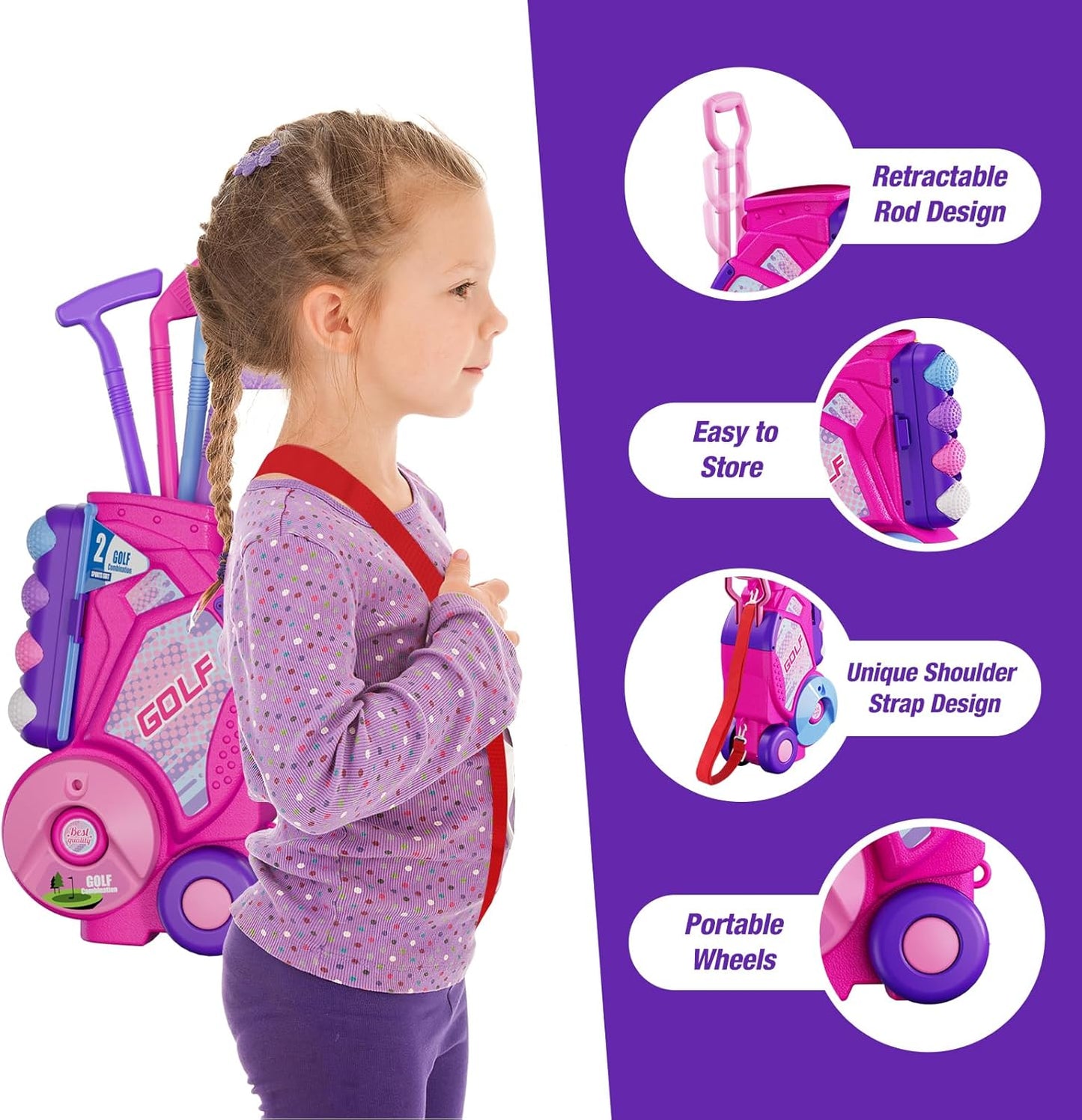 2 in 1 Toddler Golf Set 2-4 Years, Upgraded Kids Plastic Golf Clubs with 12 Balls, Cornhole Board & Putting Mat, Shoulder Strap, Indoor Outdoor Sport Toys Gift for Baby Boys Girls Aged 3-5, Pink