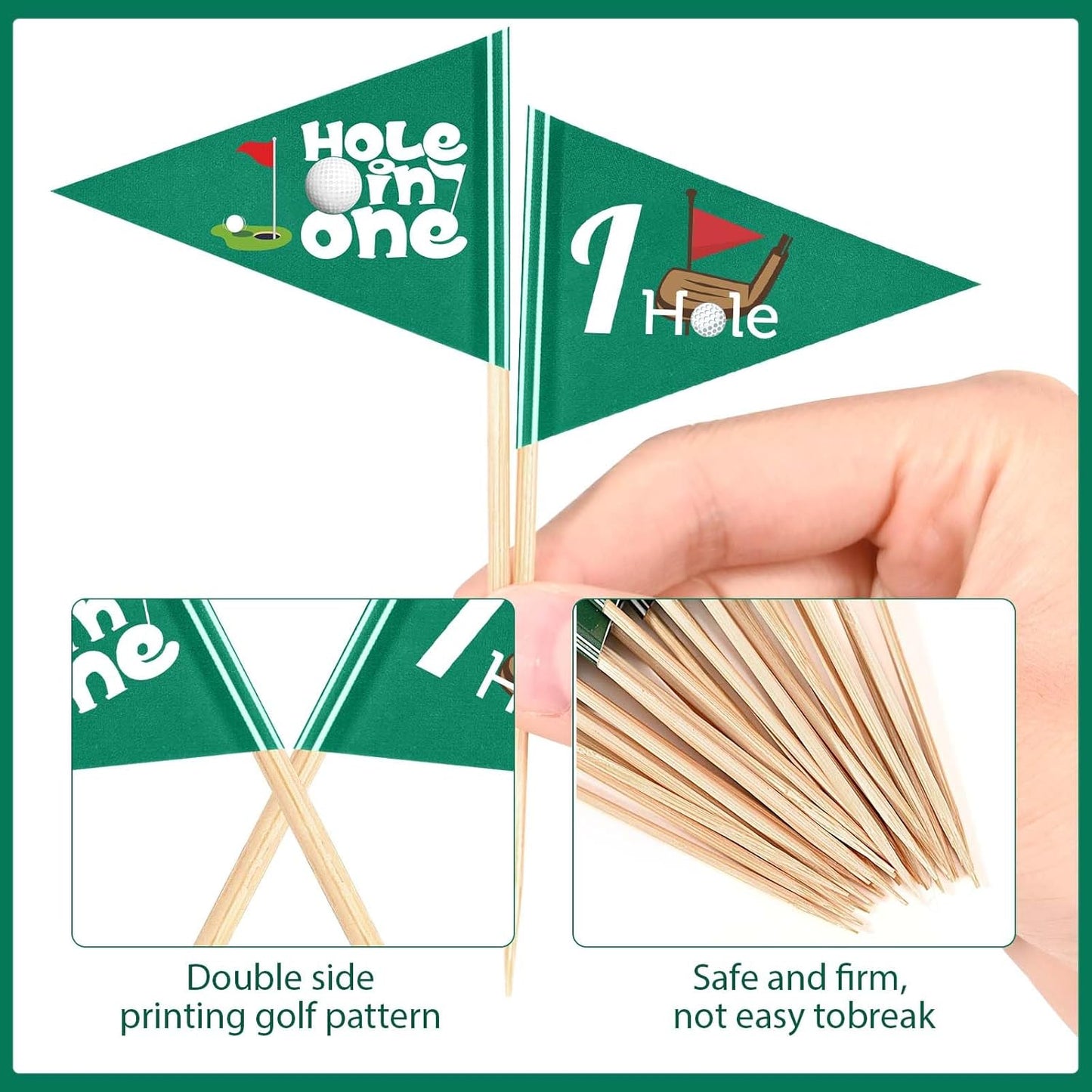 100 Pcs Golf Themed Toothpick Flags Hole in One Cupcake Toppers Birthday Decorations Green Mini Stick Cocktail Picks for Baby 1st Birthday Party Food Bar Decorations