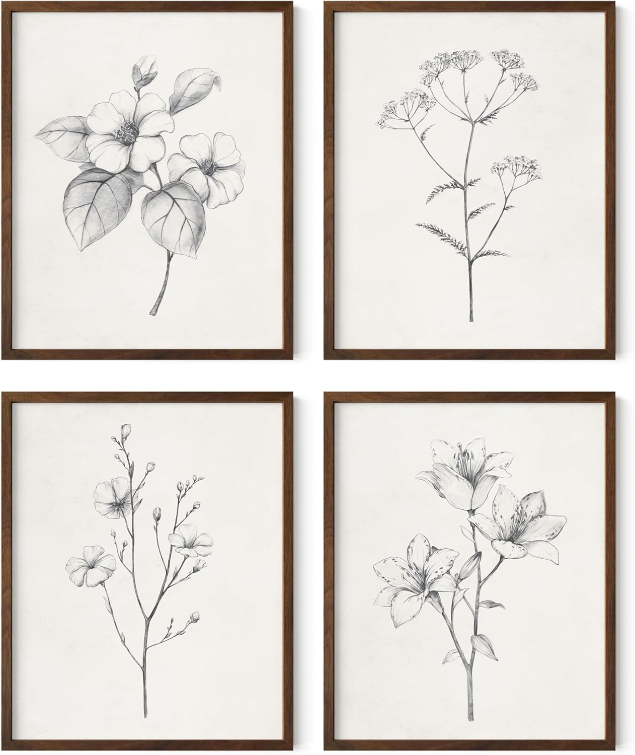 HAUS AND HUES Grey Floral Wall Art - Set of 4 Plant Posters for Wall Vintage, Botanical Prints, Black and White Flower Pictures for Room Aesthetic, Farmhouse Bathroom, Rustic Art (Walnut Frame, 8x10)