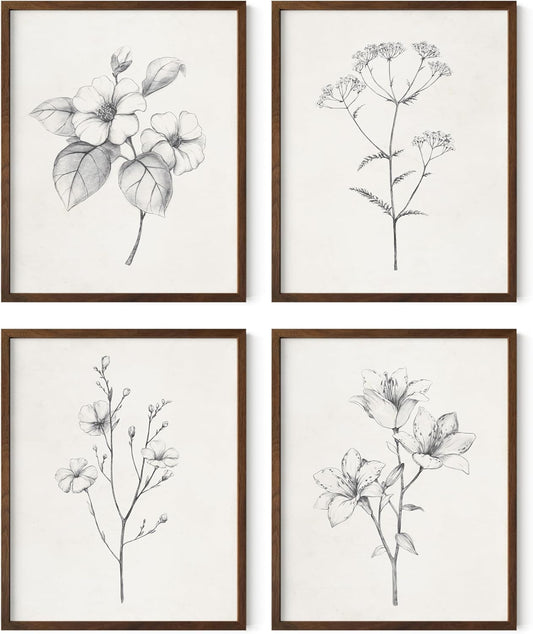 HAUS AND HUES Grey Floral Wall Art - Set of 4 Plant Posters for Wall Vintage, Botanical Prints, Black and White Flower Pictures for Room Aesthetic, Farmhouse Bathroom, Rustic Art (Walnut Frame, 8x10)