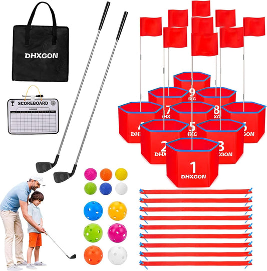 Backyard Golf Game with 2 Clubs, Portable 9 Hole Golf Course, Outdoor Yard Golf Chipping Game for Family and Adults, Beach, Park, Lawn, Field Day Reunion Party Games