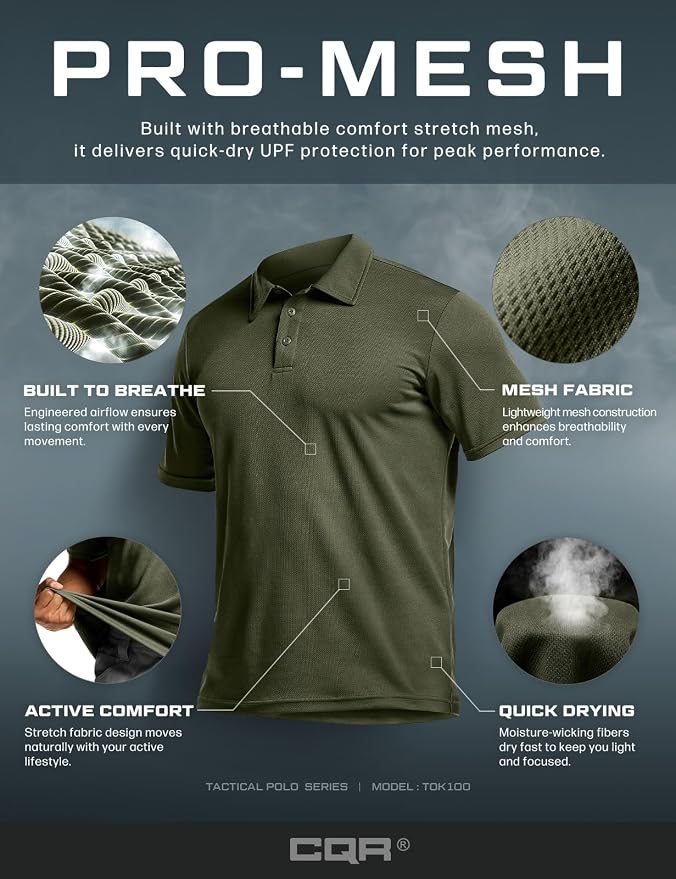 CQR Men's Polo Shirts, Tactical Short Sleeve Golf Performance Shirts, - Image 7
