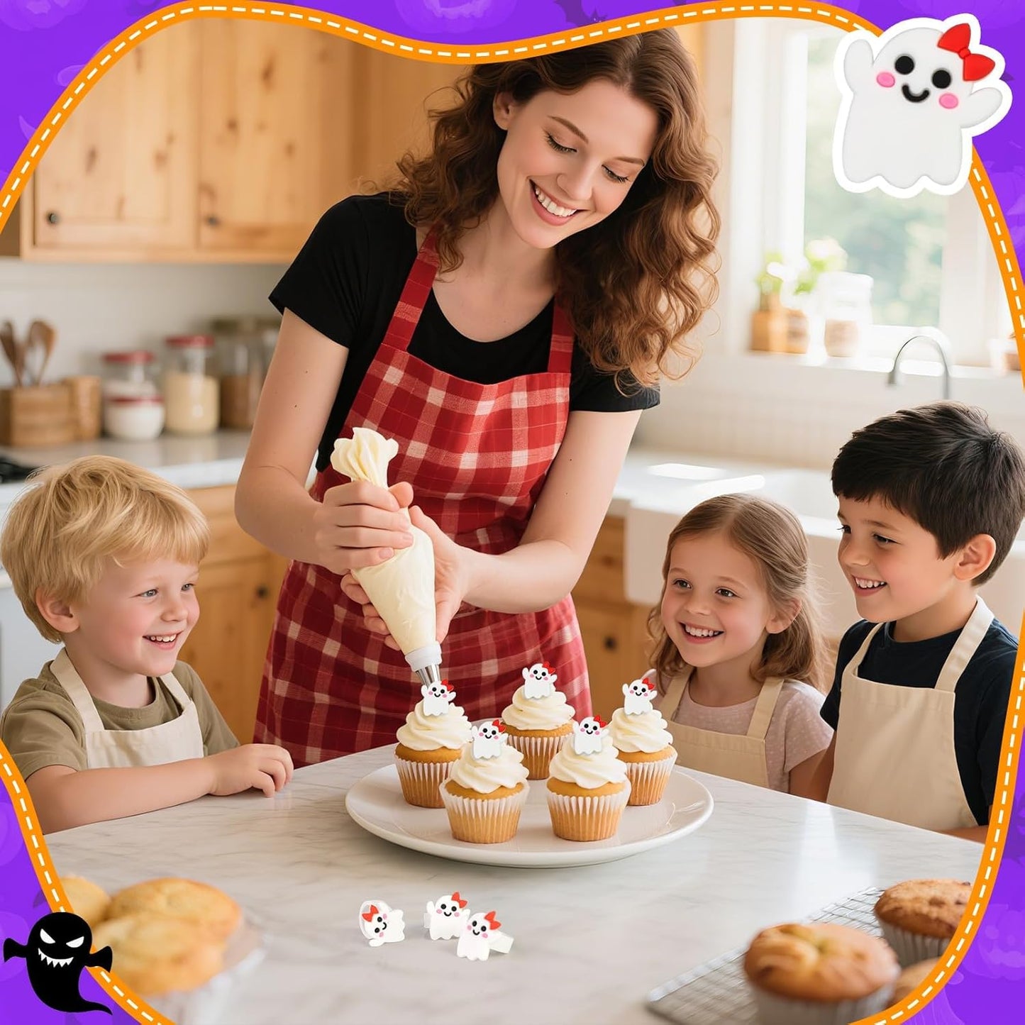 24PCS Ghost Cupcake Ring Toppers Spooky Halloween Cupcake Picks Cute Ghost Decorations for Halloween Theme Birthday Party Baby Shower Cake Supplies