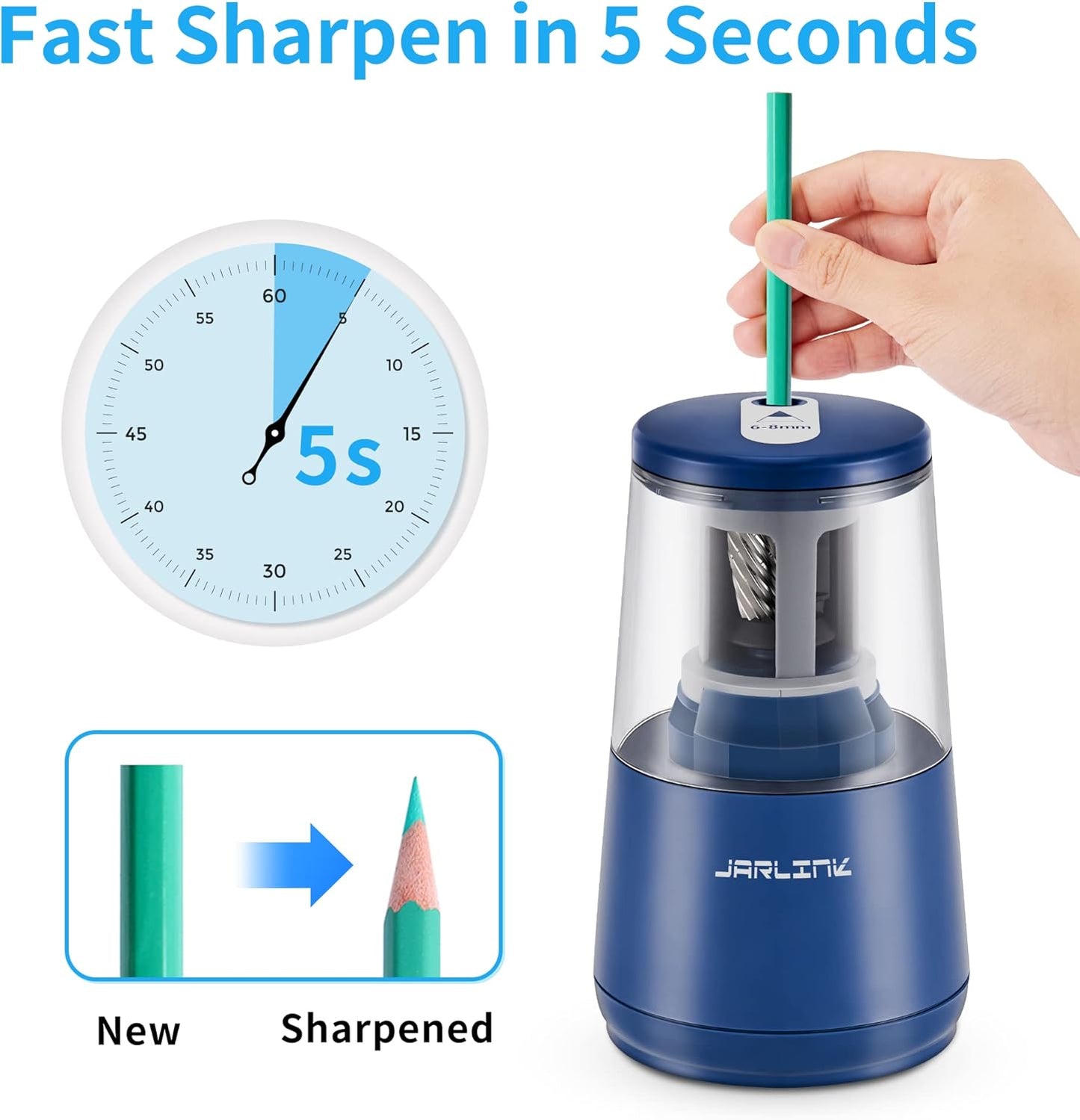 JARLINK Electric Pencil Sharpener, Heavy-Duty Helical Blade to Fast Sharpen, Auto Stop for No.2/Colored Pencils(6-8mm), AC Adapter/Battery Operated in School Classroom/Office/Home (Blue)