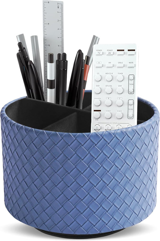Hennaja Round Leather Art Supply Organizer,Remote Control Holder,360 Degree Spinning,Multi-Functional Pencil Holder,4 Compartments Desktop Stationary Organizer(1-Weave Blue)