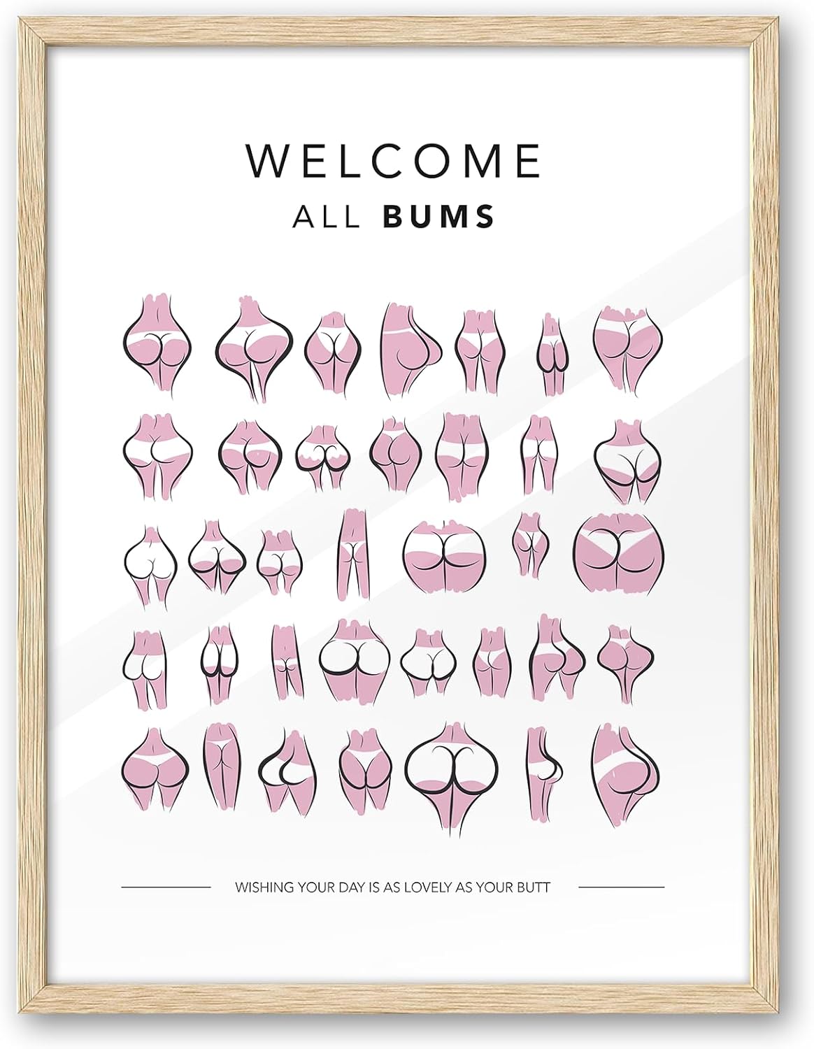 iHery Natural OAK Walnut Color Wood Nice Bum Framed Wall Art, 12x16in All Bums Are Welcome Pink Nice Butt Bathroom Wall Art, Canvas Funny Cute Bathroom Sign Wall Decor For Toilet Set of 1 Gift