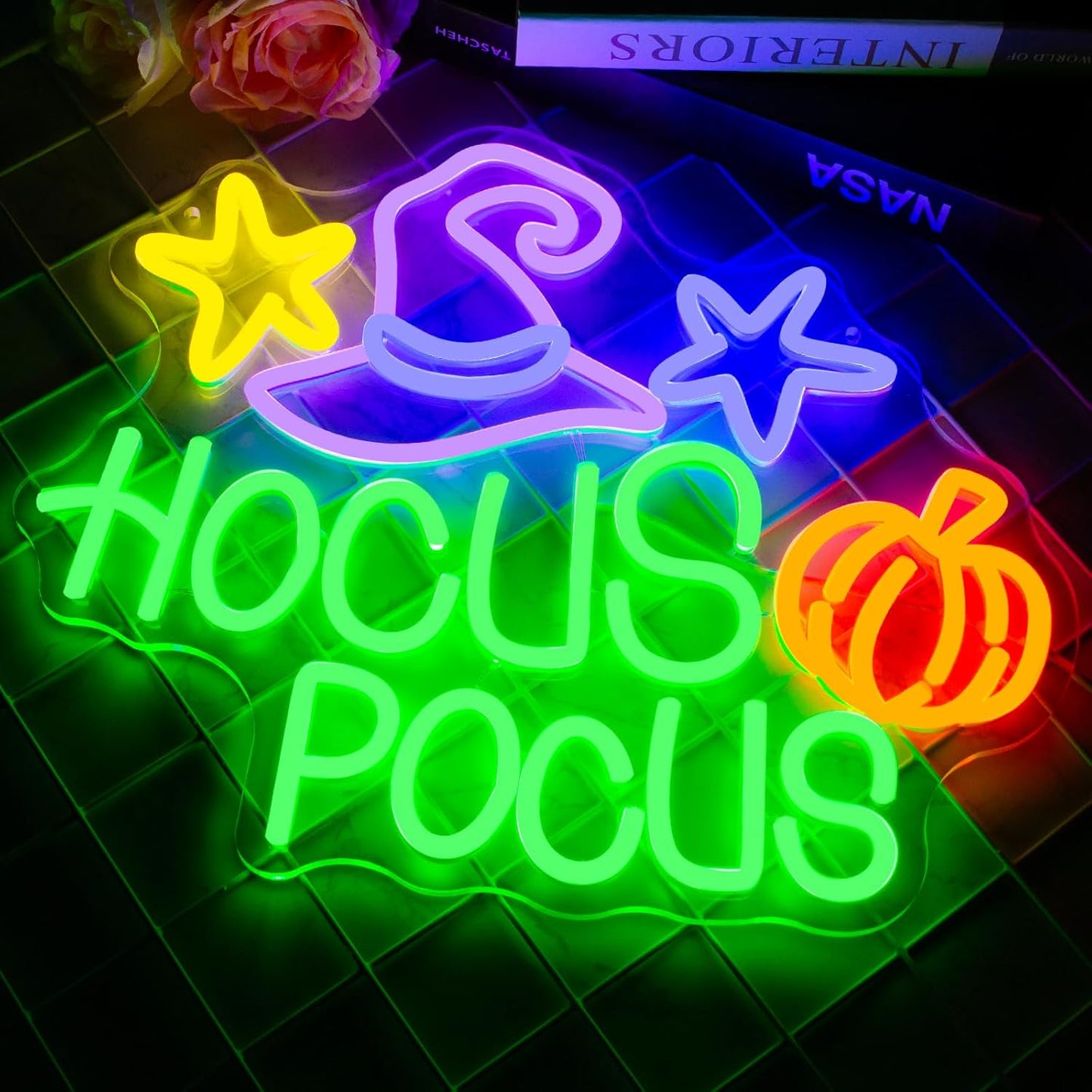 Hocus Pocus Neon Sign, Dimmables Neon Signs For Wall Decor, Funny Led Light Up Signs for Bedroom Bar Man Cave Home Halloween Party Decorations Gifts