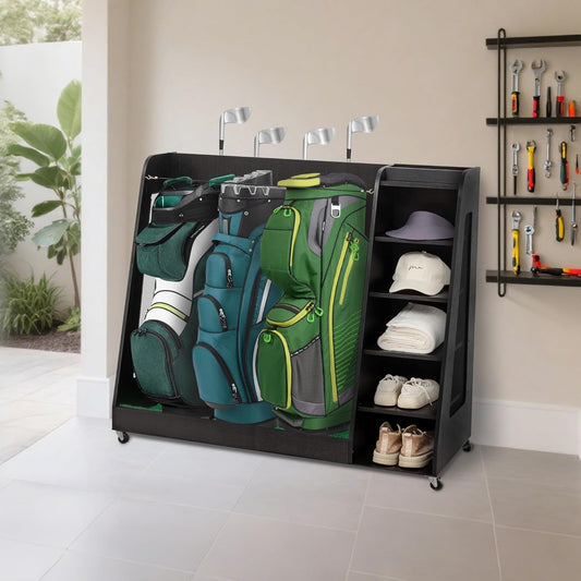 Advanced Wooden Golf Bag Organizer and Storage Rack - can Accommodate 3 Golf Bags and 3-5 Golf Clubs/Hockey Sticks, Golf Balls, Inside and Outside The Garage shed Basement
