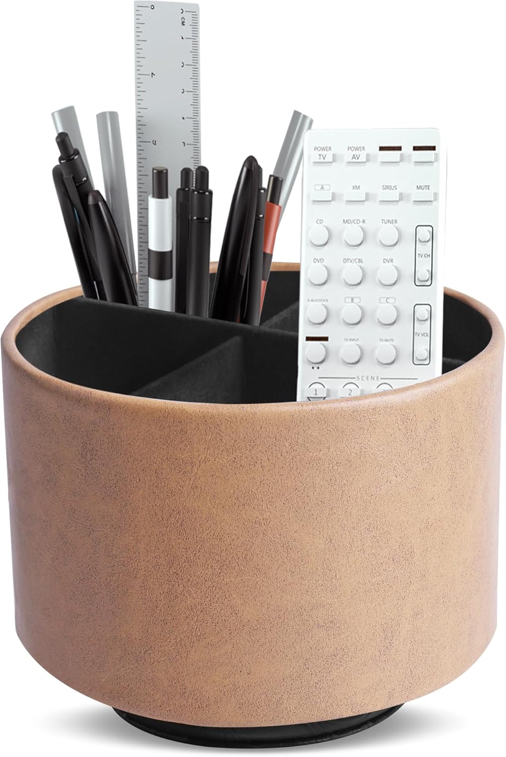 Hennaja Round Leather Art Supply Organizer,Remote Control Holder,360 Degree Spinning,Multi-Functional Pencil Holder,4 Compartments Desktop Stationary Organizer(1-Oil Yellow)