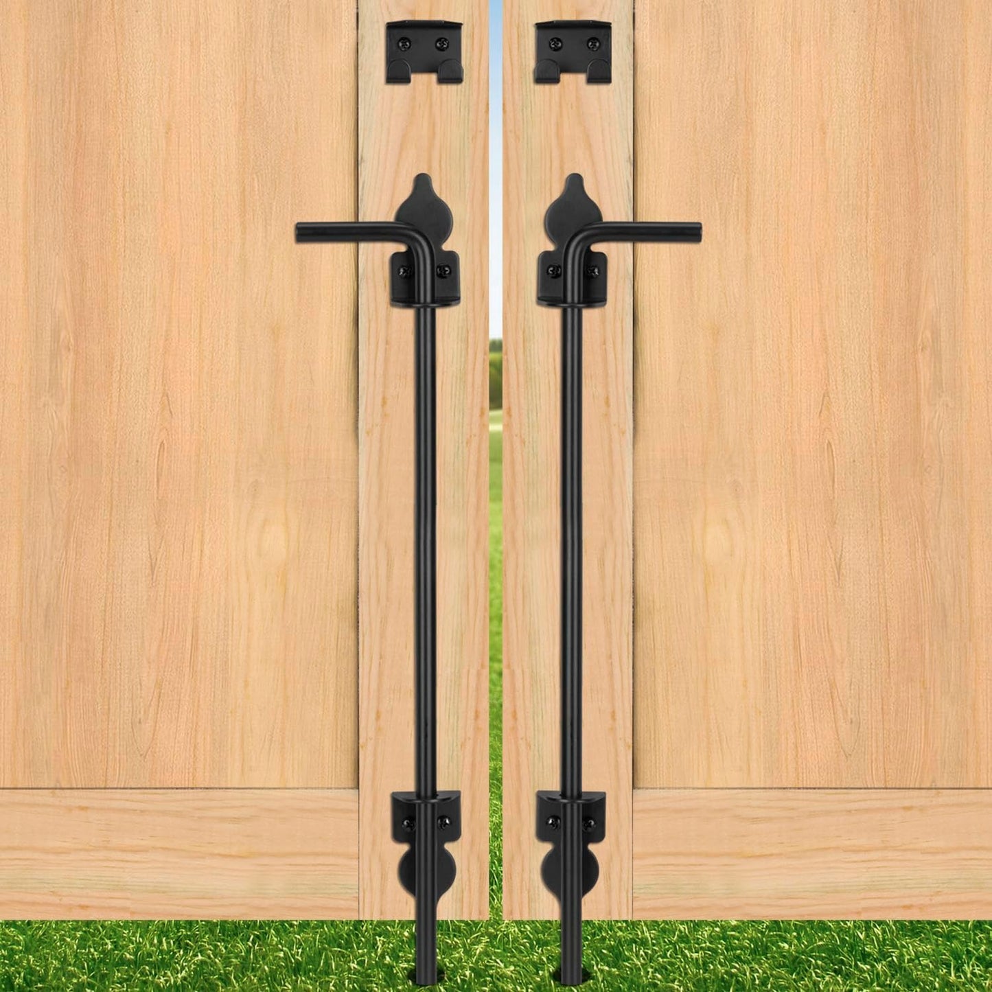 24 Inch Cane Bolt Gate Drop Rod Heavy Duty Gate Hardware, Gate Ground Latch for Wooden Fences, Metal Gates Doors Stopper for Gate Ground, Wrought Iron Gate Latches, Black Finish(2 Pack)