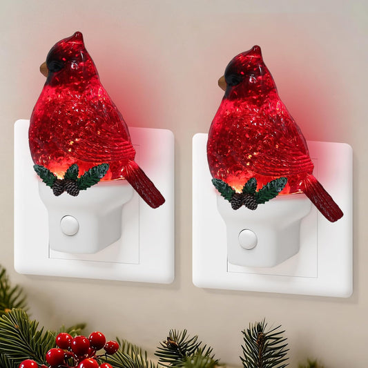 2 Pack Christmas Cardinal Night Light Plug into Wall Glitter Water Nightlight with USB/Outlet Options, Christmas Decorative Nightlight for Bedroom Kitchen Nursery Holiday Decorations Gifts (Cardinal)
