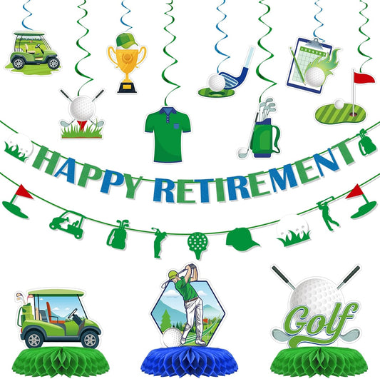 Golf Retirement Party Decorations - 13PCS Golf Themed Party Decorations Happy Retirement Banner Hanging Swirls Honeycomb Centerpieces Sport Themed Retire Going Away Partee Decor Supplies