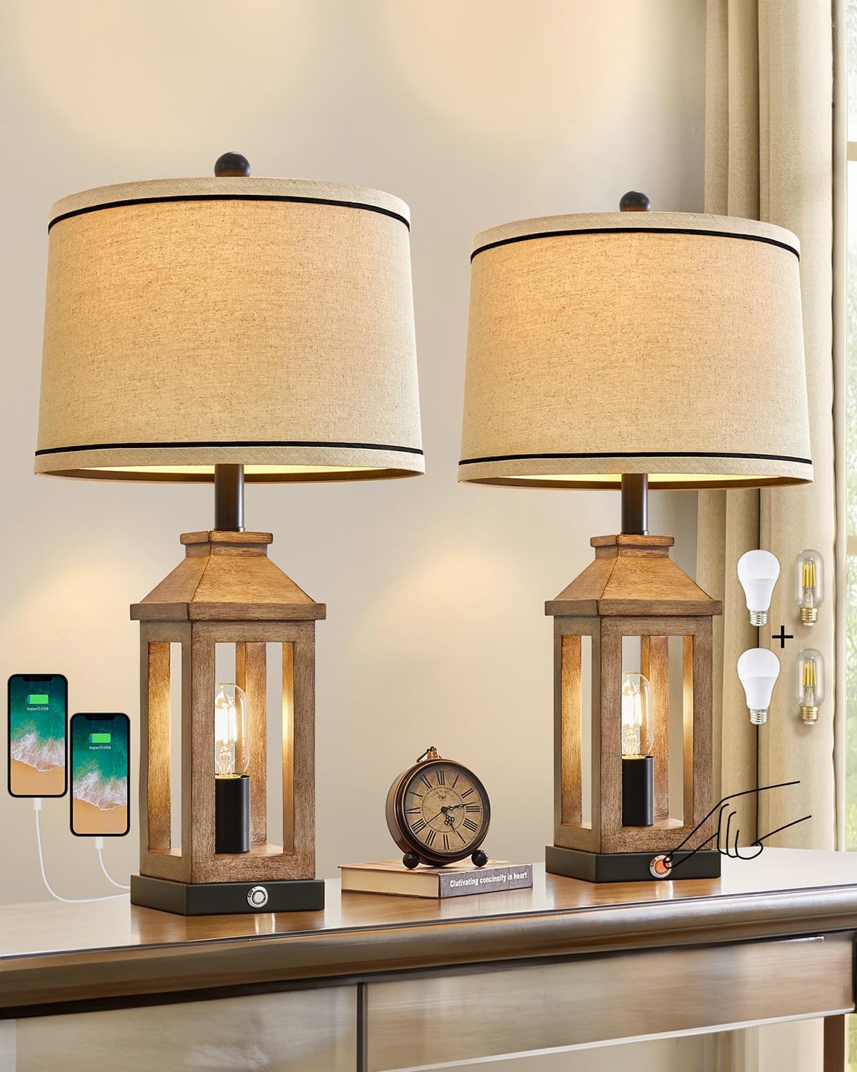 23.75" Farmhouse Dual USB Charging Ports 3-Way Dimmable Touch Control Table Lamp with Nightlight Vintage Modern Lamps for Living Room Bedroom