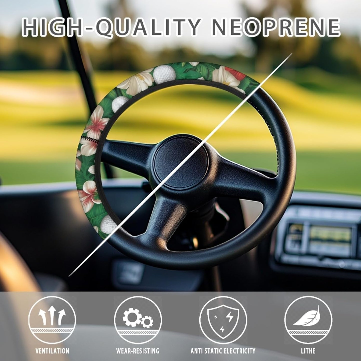 Hibiscus Golf Cart Steering Wheel Cover Golf Ball Golf Cart Steering Wheel Covers for Club Car Universal Fit Boat Steering Wheel Cover Accessories