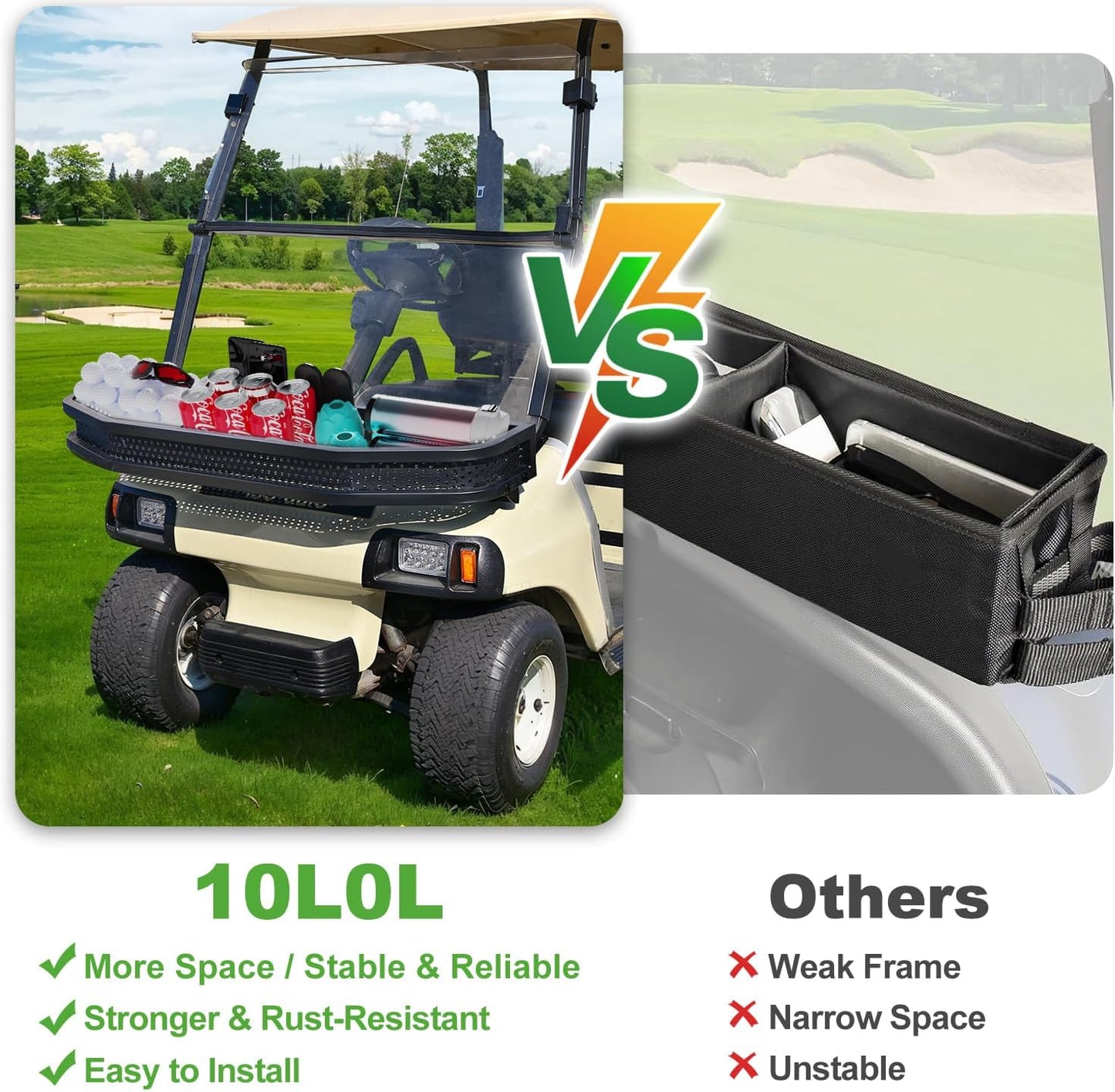 10L0L Golf Cart Front Clay Utility Cargo Basket for Club Car DS Gas & Electric, Heavy-Duty Steel Drop Mesh Storage Rack