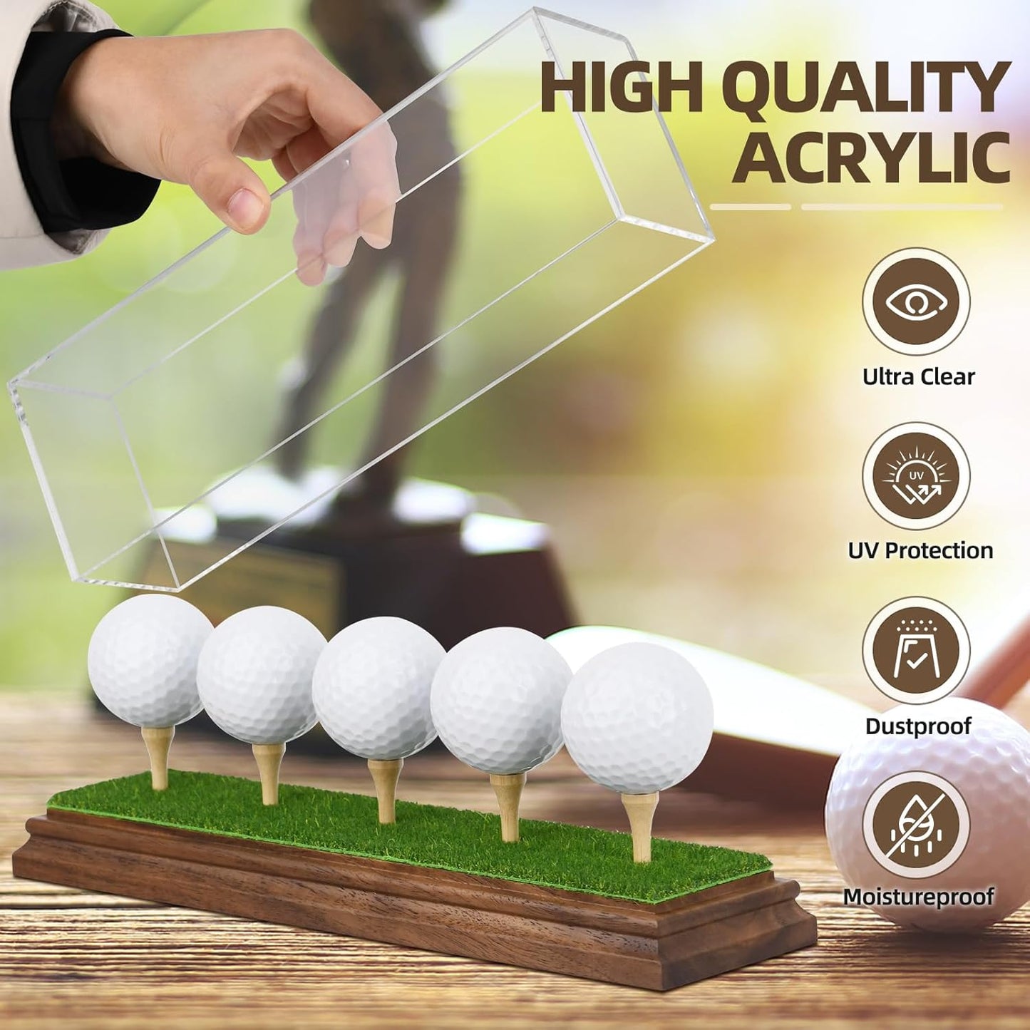 Hole in One Golf Ball Display Case Golf Ball Display Case Holder for 5 Golf Balls Wanult Wood Base Acrylic Golf Ball Holder Stand Lifelike Turf Wood Tee Memorabilia Showcase Cube Box Stand Gift Decor