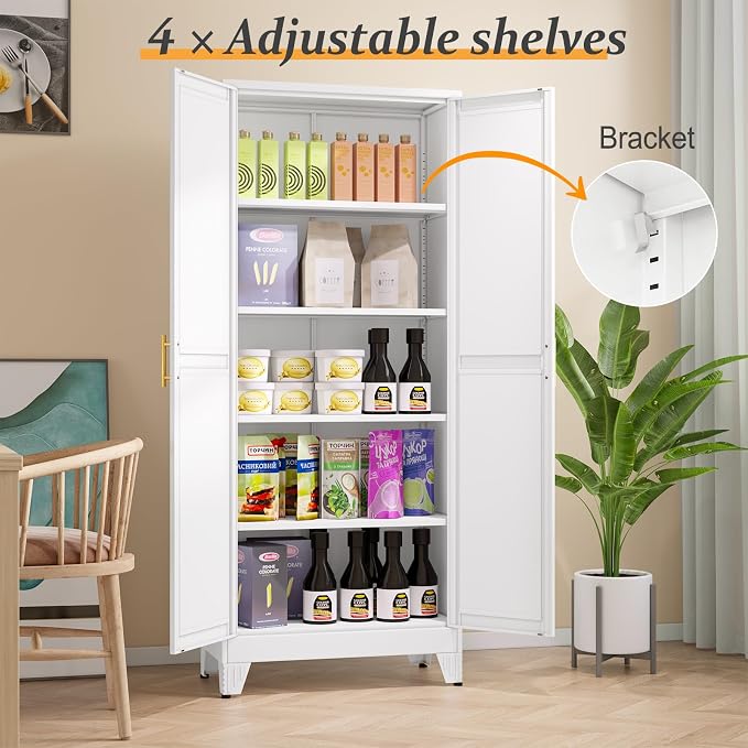 White Pantry Storage Cabinet, Metal Storage Cabinet, - Image 3