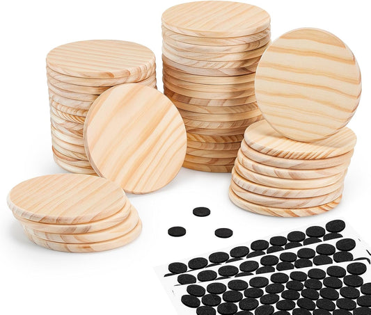 46Pcs Unfinished Wood Coasters-4" Unfinished Natural Wood Slices for Crafts Round with Non-Slip for Wedding Decoration/Blank Coasters Wood Kit DIY Architectural Models Drawing Painting Wood Engraving