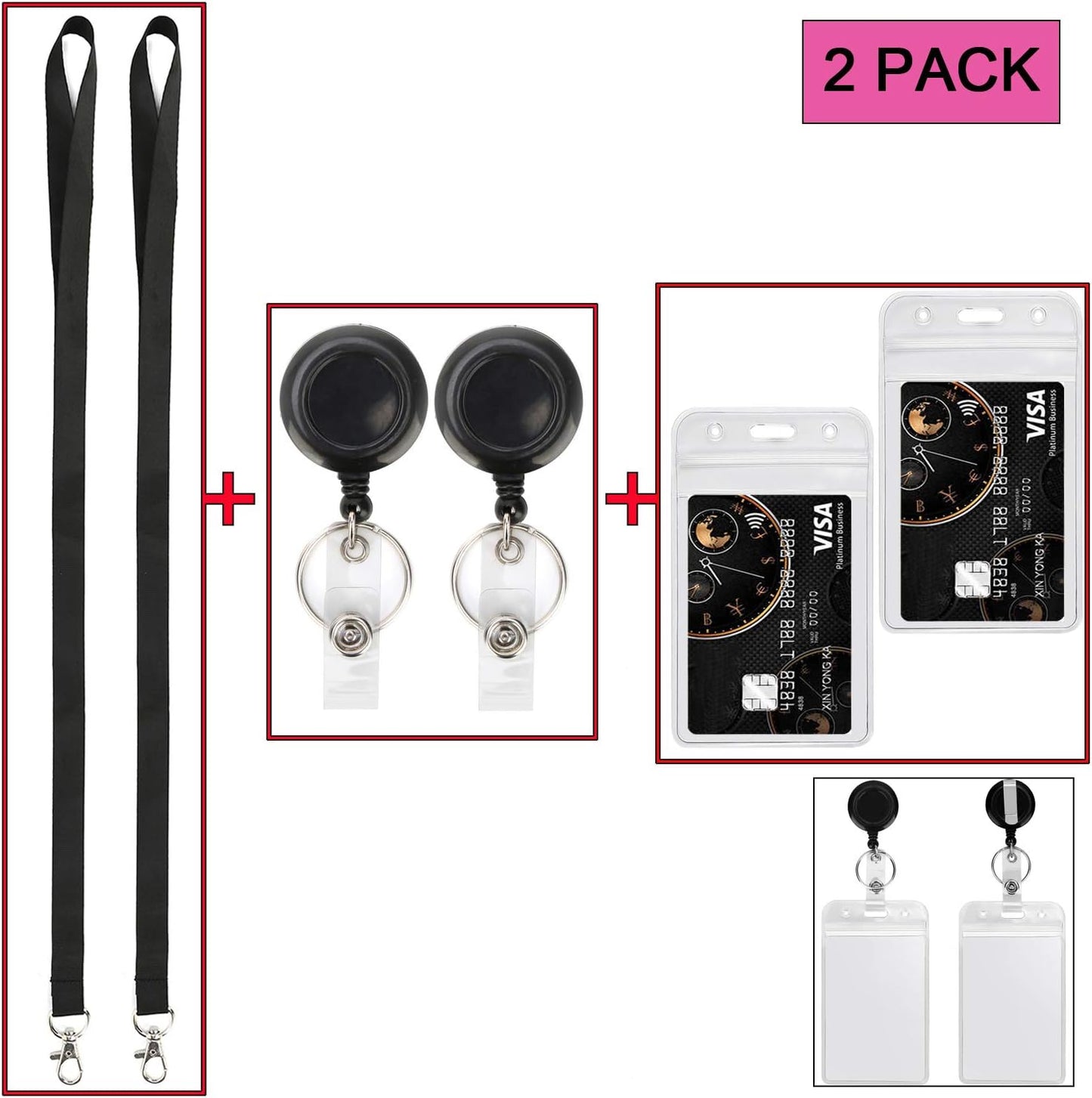 YOUOWO Lanyard Black Retractable Badge Reel with Badge Reel Clip for id Card Badges Holders Vertical Punched Zipper Waterproof 2 Pack