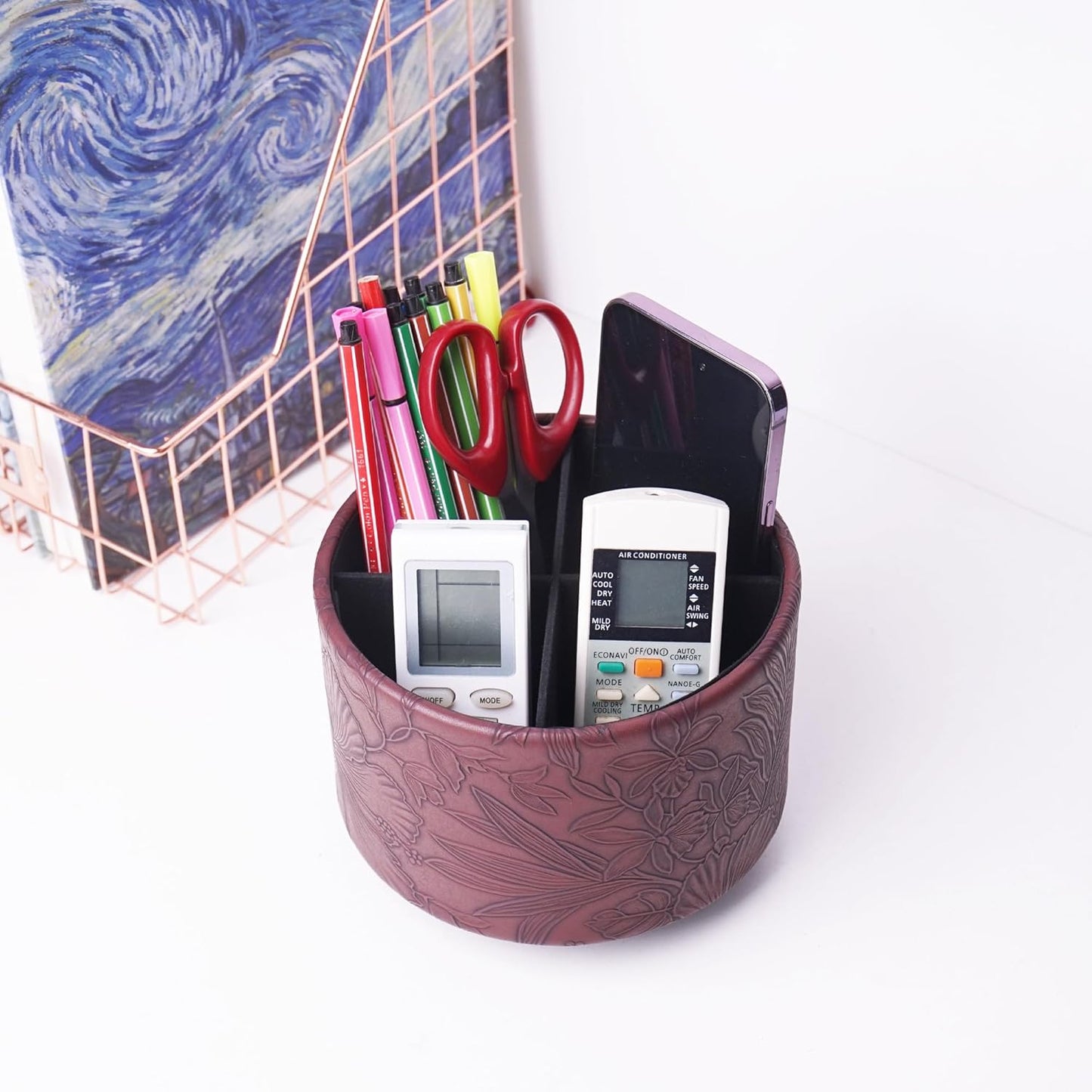 Hennaja Round Leather Art Supply Organizer,Remote Control Holder,360 Degree Spinning,Multi-Functional Pencil Holder,4 Compartments Desktop Stationary Organizer(1-Carved Dark Brown)