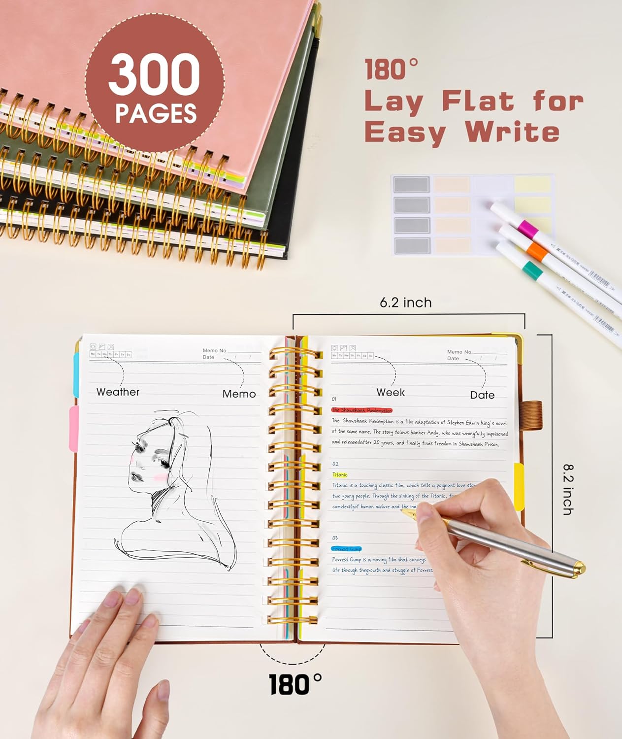 Hardcover Spiral Notebook Journal with Removable Dividers Tabs, 300 Pages Leather 5 Subject Notebook College Ruled, 8"x10" Large B5 Notebooks for Work School, Lined Journal for Men, Light Brown