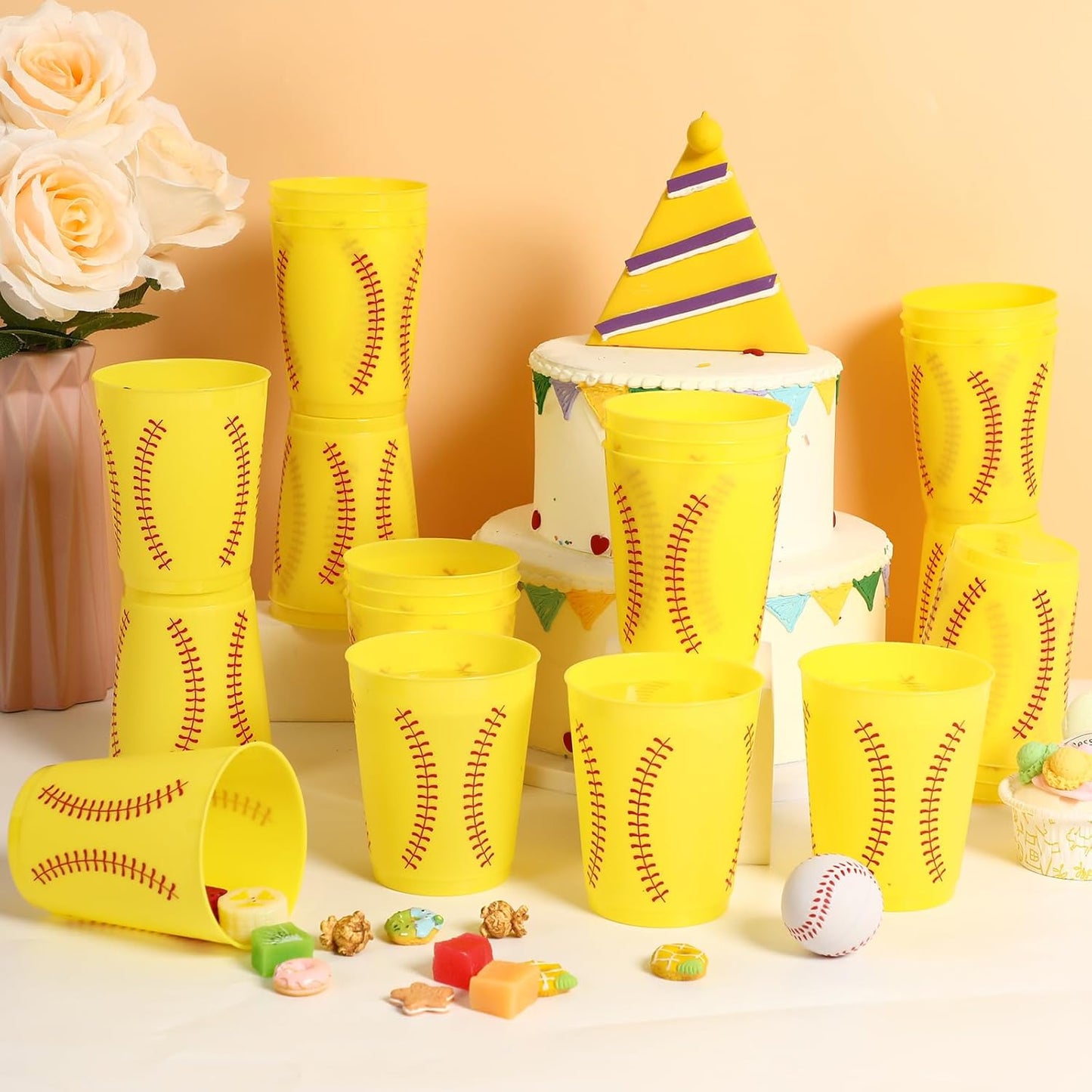 24 Pcs Softball Plastic Cups Reusable Softball Plastic Tumblers Party Supplies Sports Softball Game Plastic Drinking Cups 12oz Party Decorations for Kids Gift Birthday School Sport Party Favors