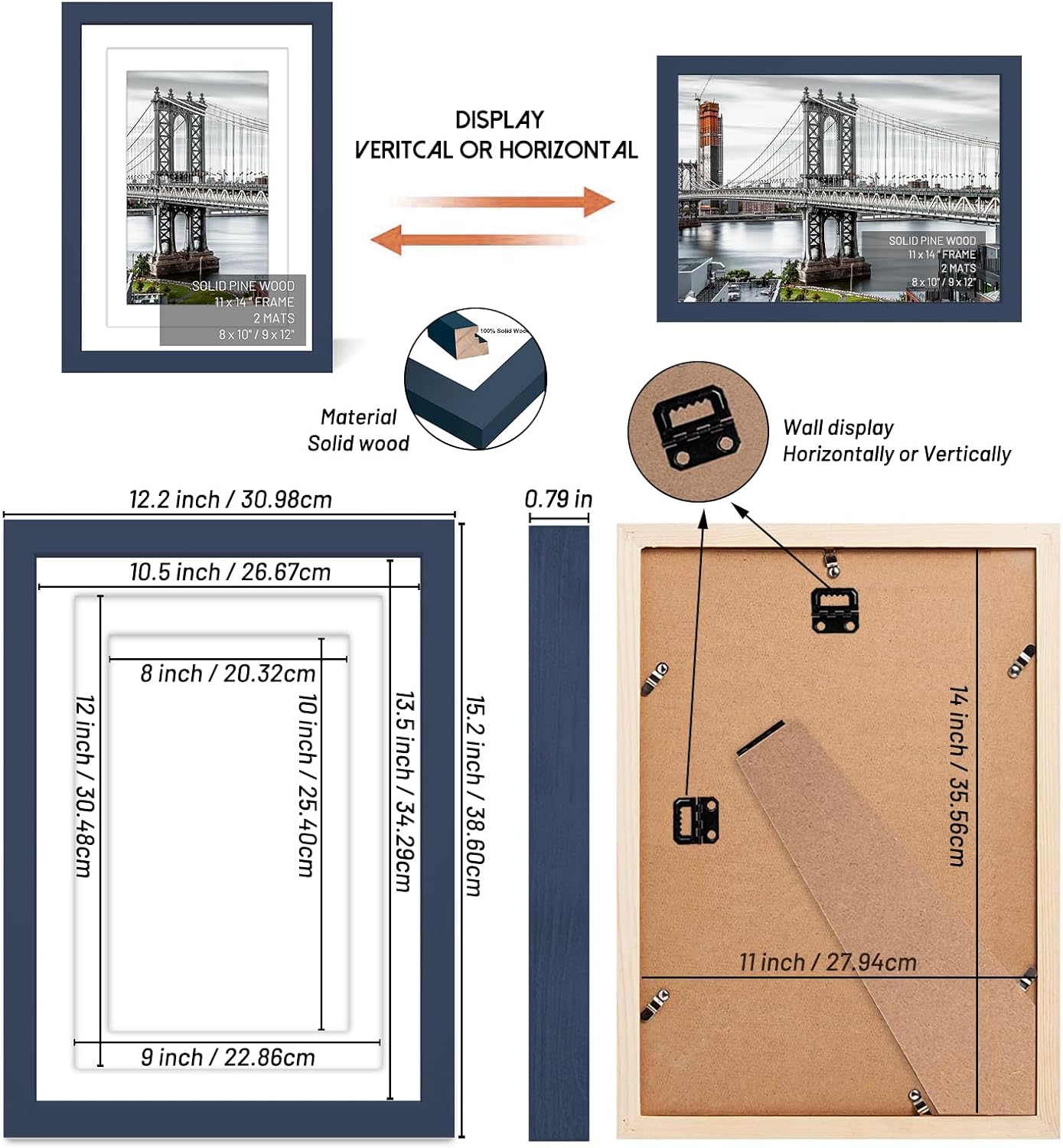 11x14 Picture Frames Solid Wood Display Pictures 9x12 or 8x10 with Mat or 11x14 Frame without Mat Poster Photo Frame Art with 2 Mats for Wall Mounting or Table Top(Jazz Blue)