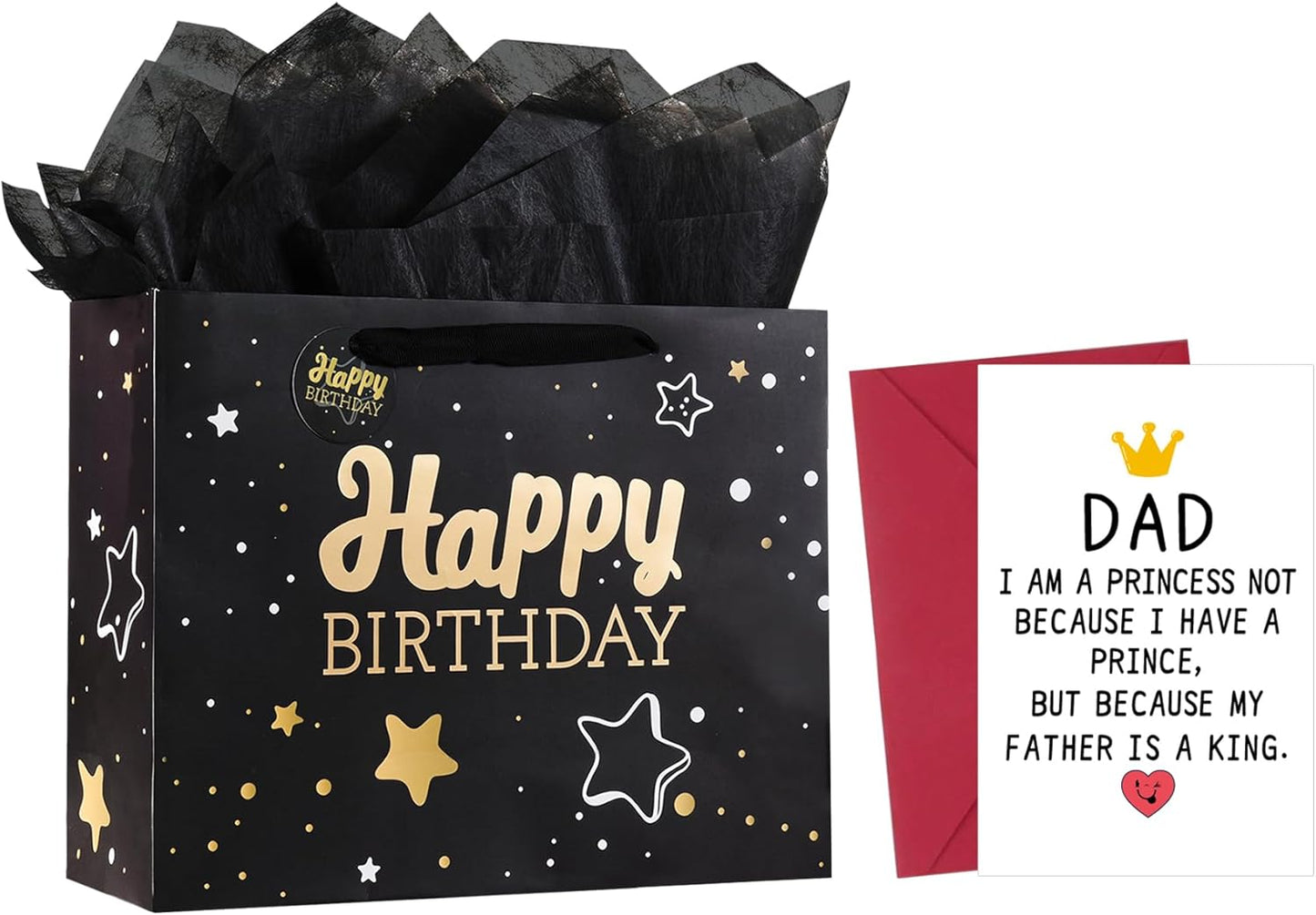13" Black Happy Birthday Gift Bag with Tissue Paper and Greeting Card for Party,Happy Birthday Gift Bag for Men Fathers, Gift Bags Medium size(1 PCS Black, Attach Dad Cards)
