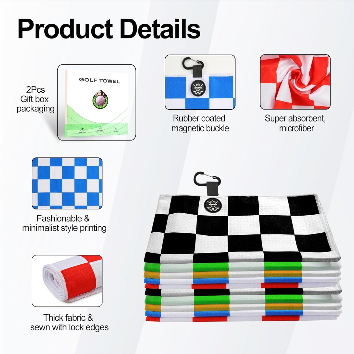 2 Pack 24"x16" Magnetic Golf Towels - Premium Waffle Pattern, with Magnet & Carabiner Clip for Golf Bags, Carts & Clubs. Essential for Men & Women Golfers - Blue/Black