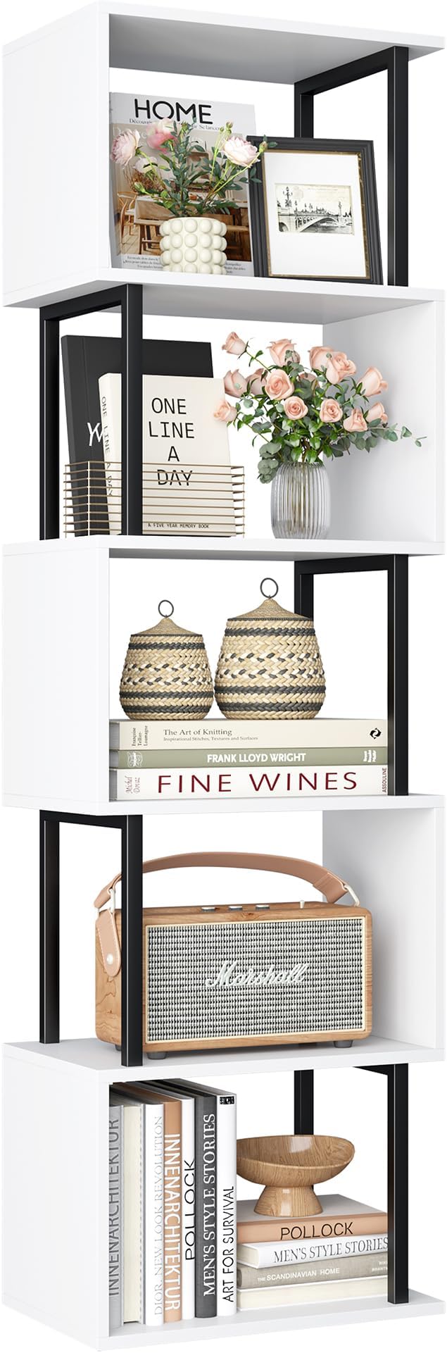 Yusong Bookshelf 5-Tier, Geometric Bookcase S Shaped Book Shelves by Yusong