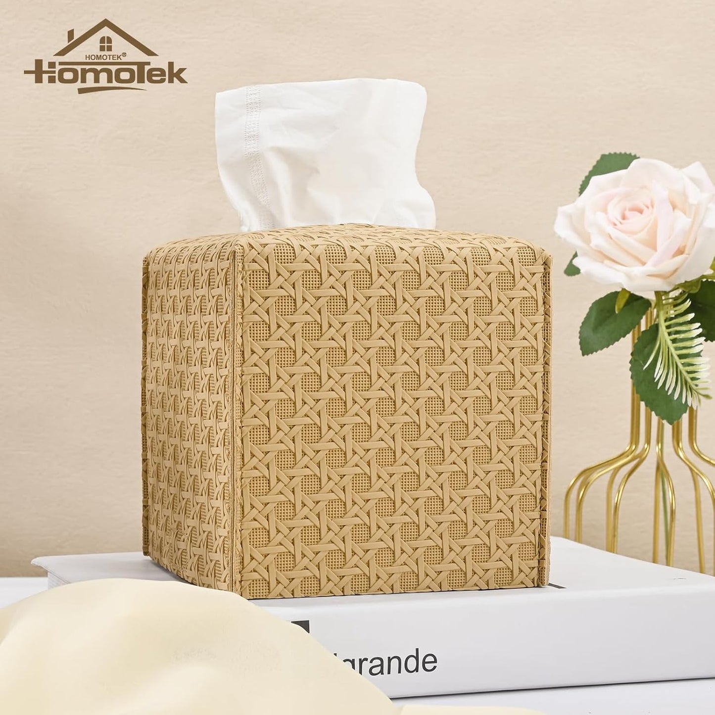HOMOTEK 2 Pack Tissue Box Cover, Square PU Leather Tissue Holder, Decorative Facial Tissue Cube Paper Organizer Dispenser for Bathroom, Night Stands, Desk, Car 5X5X5'' - Rattan Weave,Camel