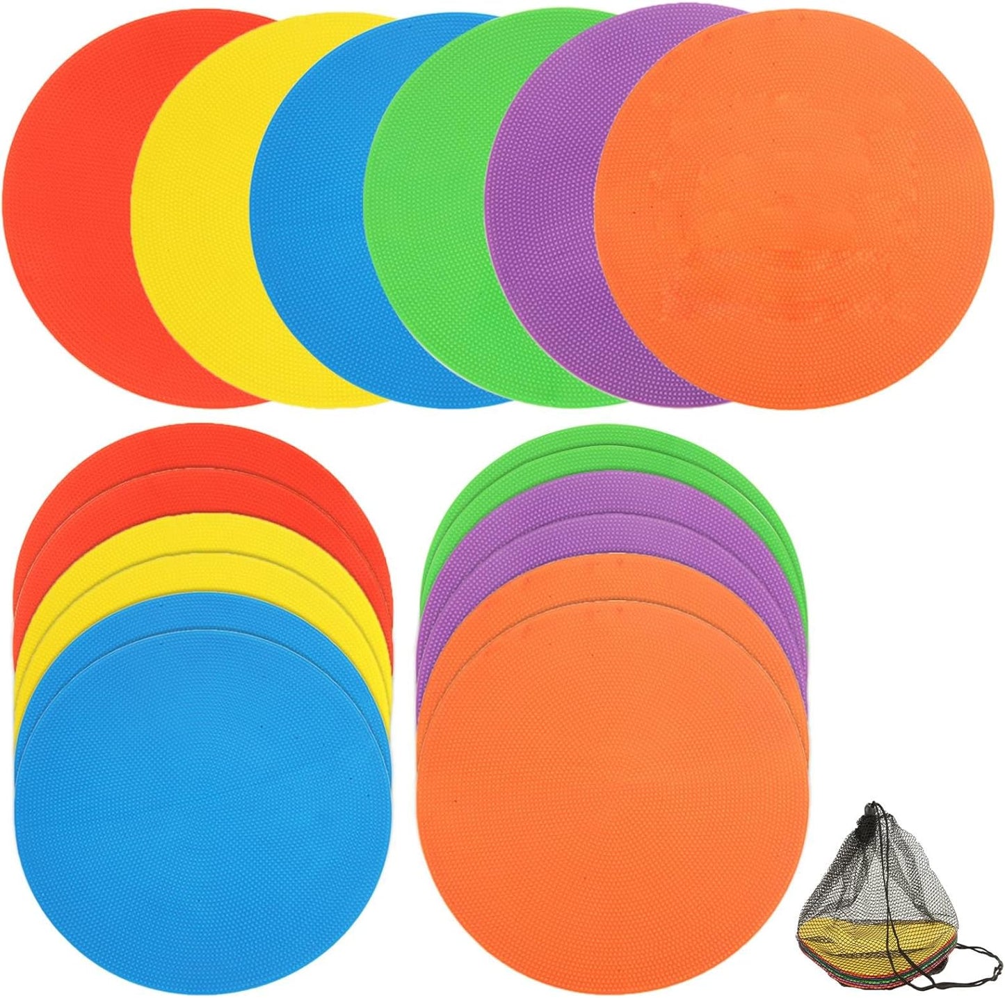 18 PCS 9 Inch Poly Spot Markers Non Slip Flat Field Cones, Spot Floor Dots with Bag, Poly Spots for Gym Floor Exercise Drills, Sports, Games, Speed Agility Training (6 Colors)
