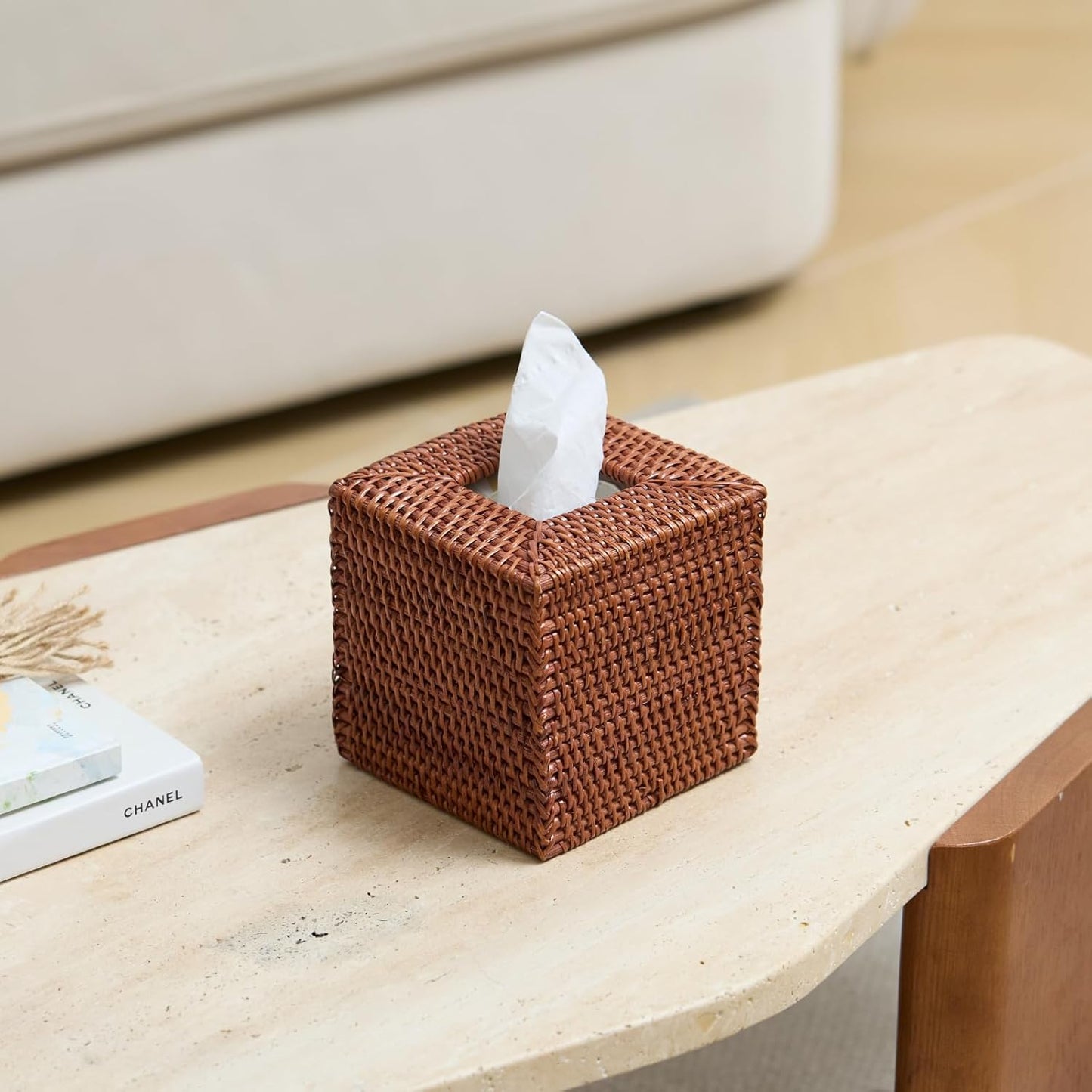 2 Pack Square Rattan Tissue Box Cover, Hand Woven Wicker Tissue Holder, 5.5 x 5.5 X 5.7 inches, Brown