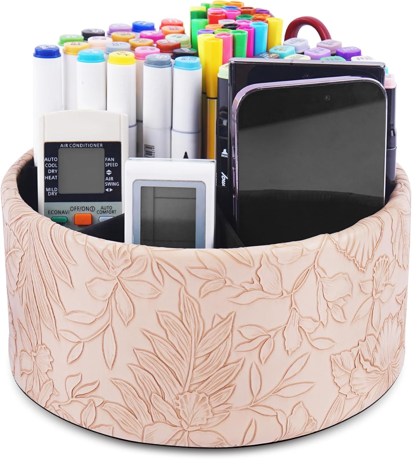 Hennaja Remote Control Holder, 360°Spinning PU Leather Desk TV Remote Caddy,Desk Storage Box Room Accessories for Controller, Media,Mail,Calculator, Mobile Phone,Pencil(1-Carved Light Brown)