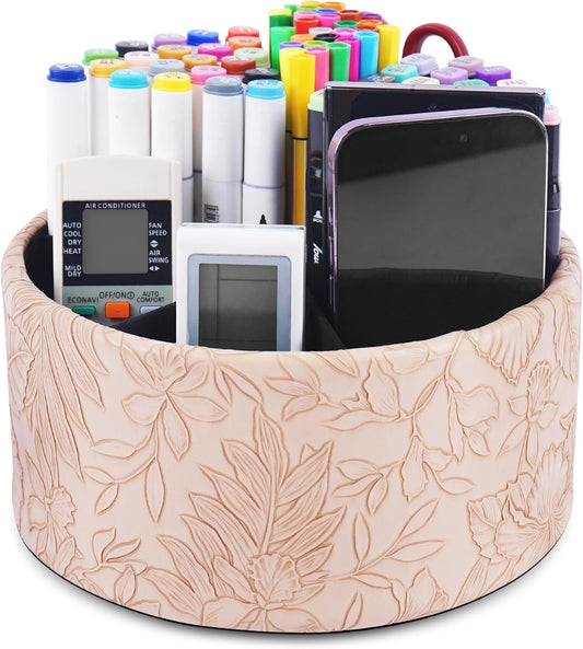 Hennaja Remote Control Holder, 360°Spinning PU Leather Desk TV Remote Caddy,Desk Storage Box Room Accessories for Controller, Media,Mail,Calculator, Mobile Phone,Pencil(1-Carved Light Brown)