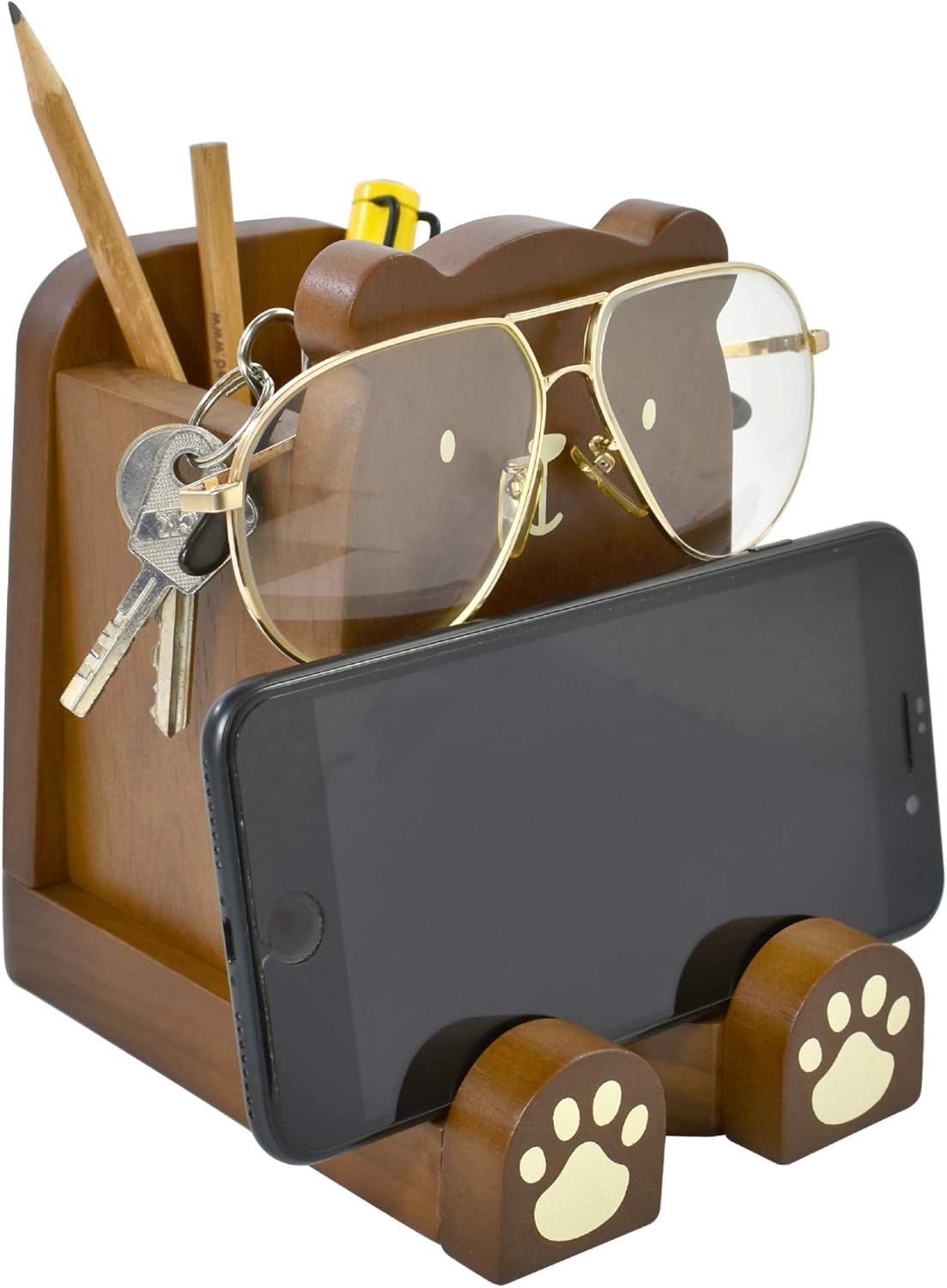 I'm Wood Multipurpose Eyeglass Phone Pen & Pencil Holder Stand Stationery Desk Box Organizer Accessories, Home Office Desktop Decor Birthday Graduation Gifts “Dream Big Aim High”(Bear)