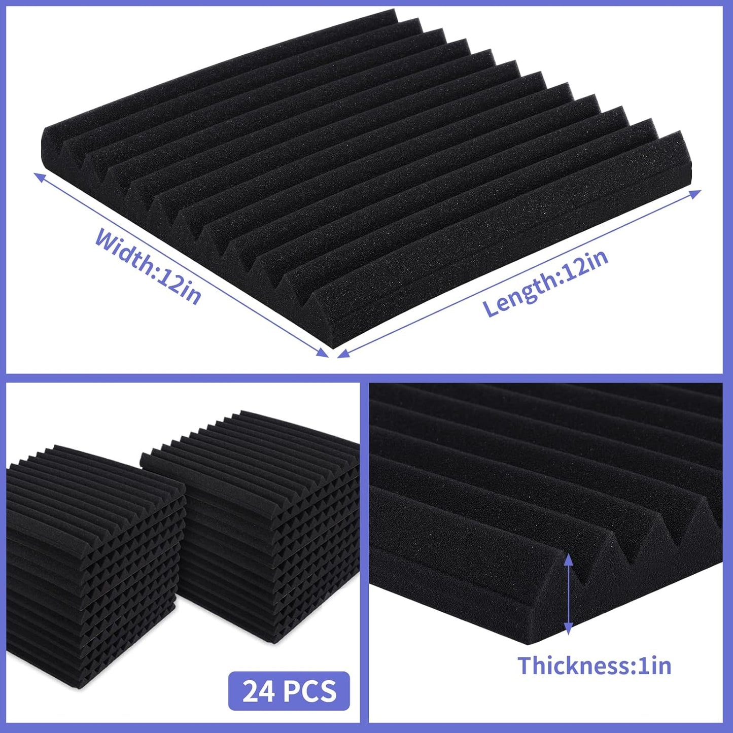 24 Pack Acoustic Panels, 1" X 12" X 12" Acoustic Foam Panels, Sound Proof Foam Panels, Self-Adhesive Soundproof Wall Panels ,Fire-Proofed Soundproofing Wedges,Acoustic Treatment Foams for Home-Black