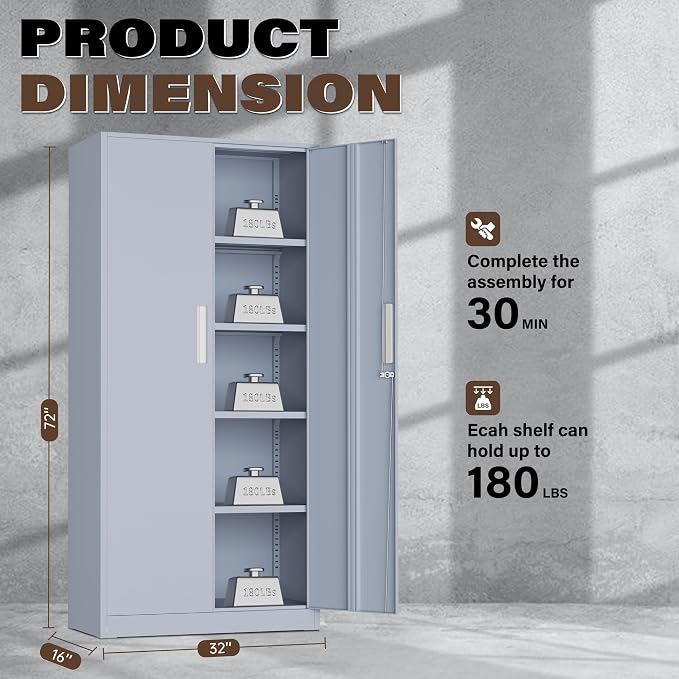 Incbruce 72” Metal Storage Cabinet, Locking Steel Storage Cabinet - Image 3
