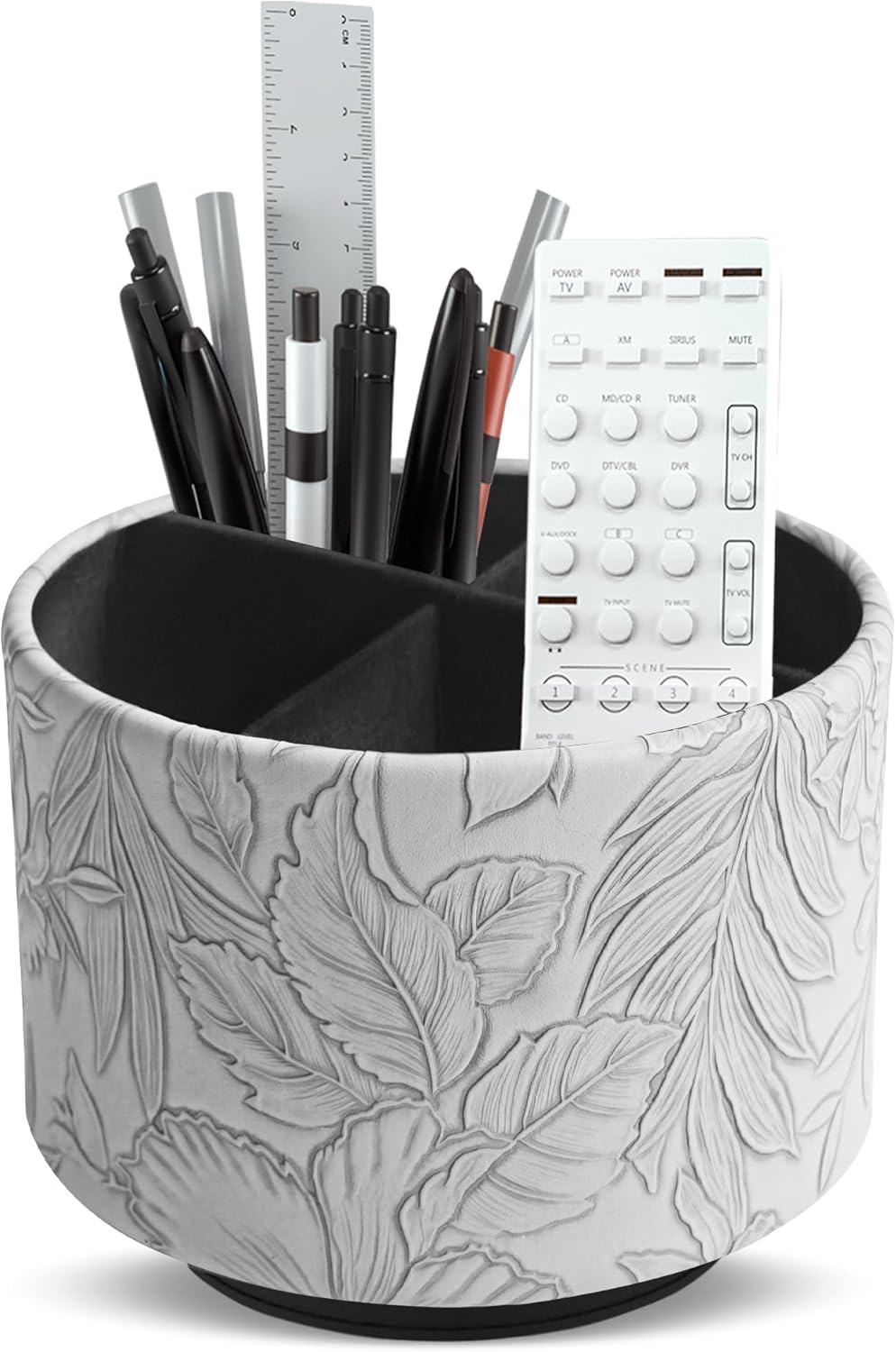 Hennaja Round Leather Art Supply Organizer,Remote Control Holder,360 Degree Spinning,Multi-Functional Pencil Holder,4 Compartments Desktop Stationary Organizer(1-Carved Grey)