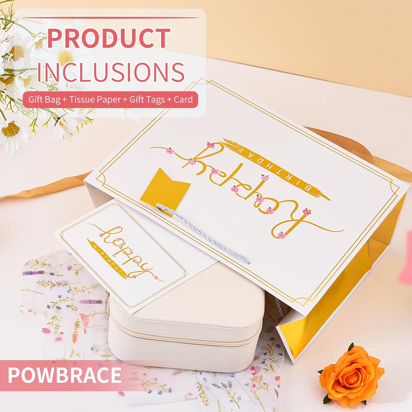 13" White Happy Birthday Gift Bag with Tissue Paper and Greeting Card for Party,Happy Birthday Gift Bag for Men and Women, Gift Bags Medium size (1 Pcs Hot Stamping)