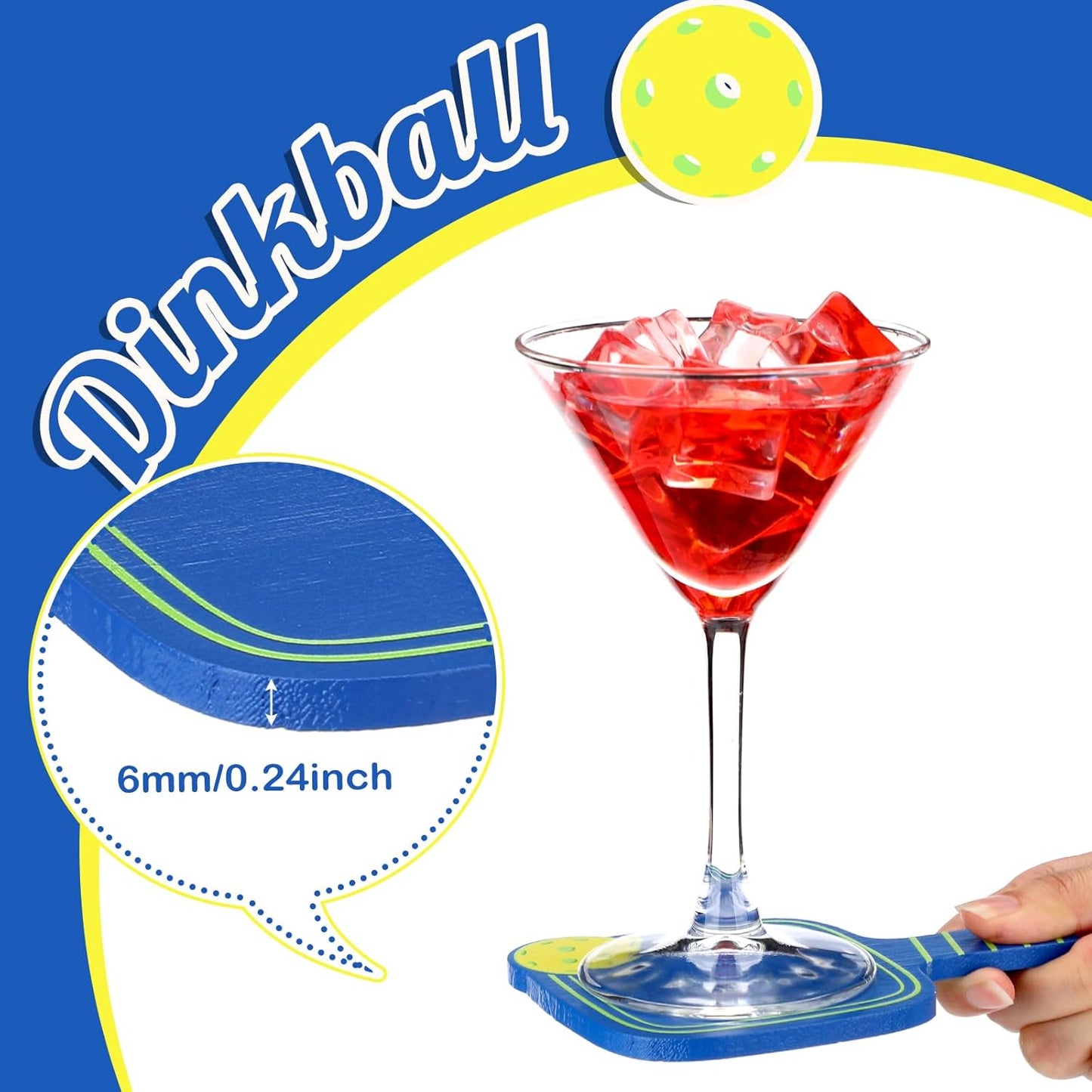 Hushee 6 Pcs Dinkball Drink Coasters Wood Coasters Set Paddle Shape with Handle Funny Gift for Women Men Sports Lovers Fans Party Favors Decorations (Blue)
