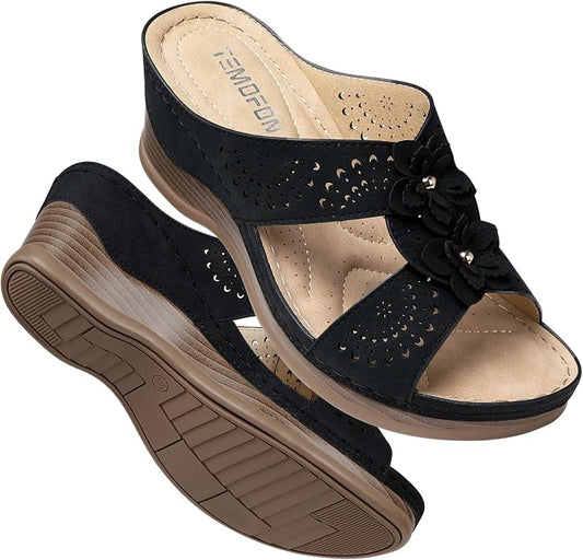 TEMOFON Womens Wedge Sandals Leather: Dressy Sandal, Rubber Sole, Comfortable by Temofon