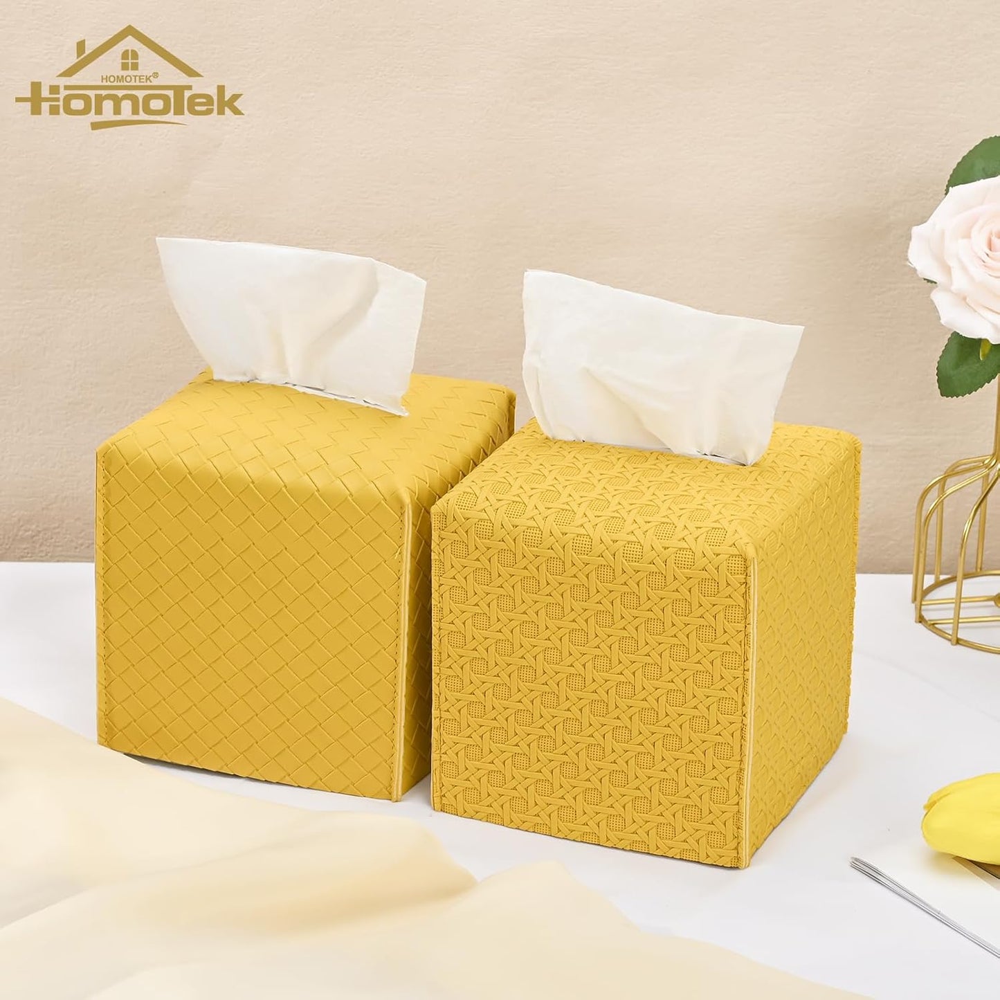 HOMOTEK 2 Pack Tissue Box Cover, Square PU Leather Tissue Holder, Decorative Facial Tissue Cube Paper Organizer Dispenser for Bathroom, Night Stands, Desk, Car 5X5X5'' - Woven Waffle,Mango Yellow