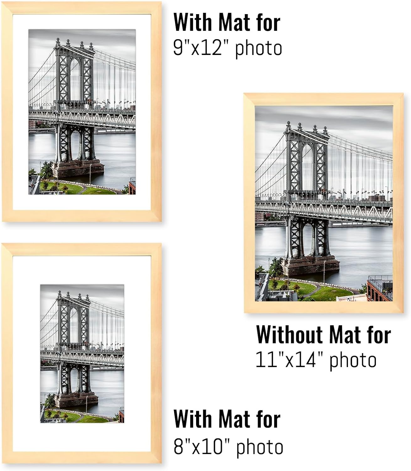 11x14 Solid Wood Picture Frames - Display Pictures 9x12 or 8x10, 11x14 Frame, Poster Photo Frame Art with 2 Mats for Wall Mounting or Table Top (Natural)